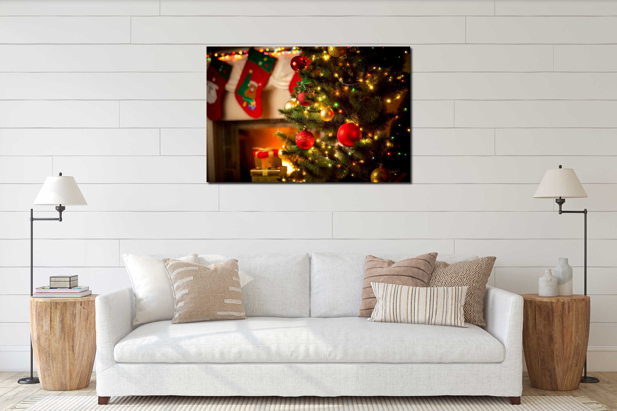 Decorated fireplace and Christmas tree at cottage interior mockup