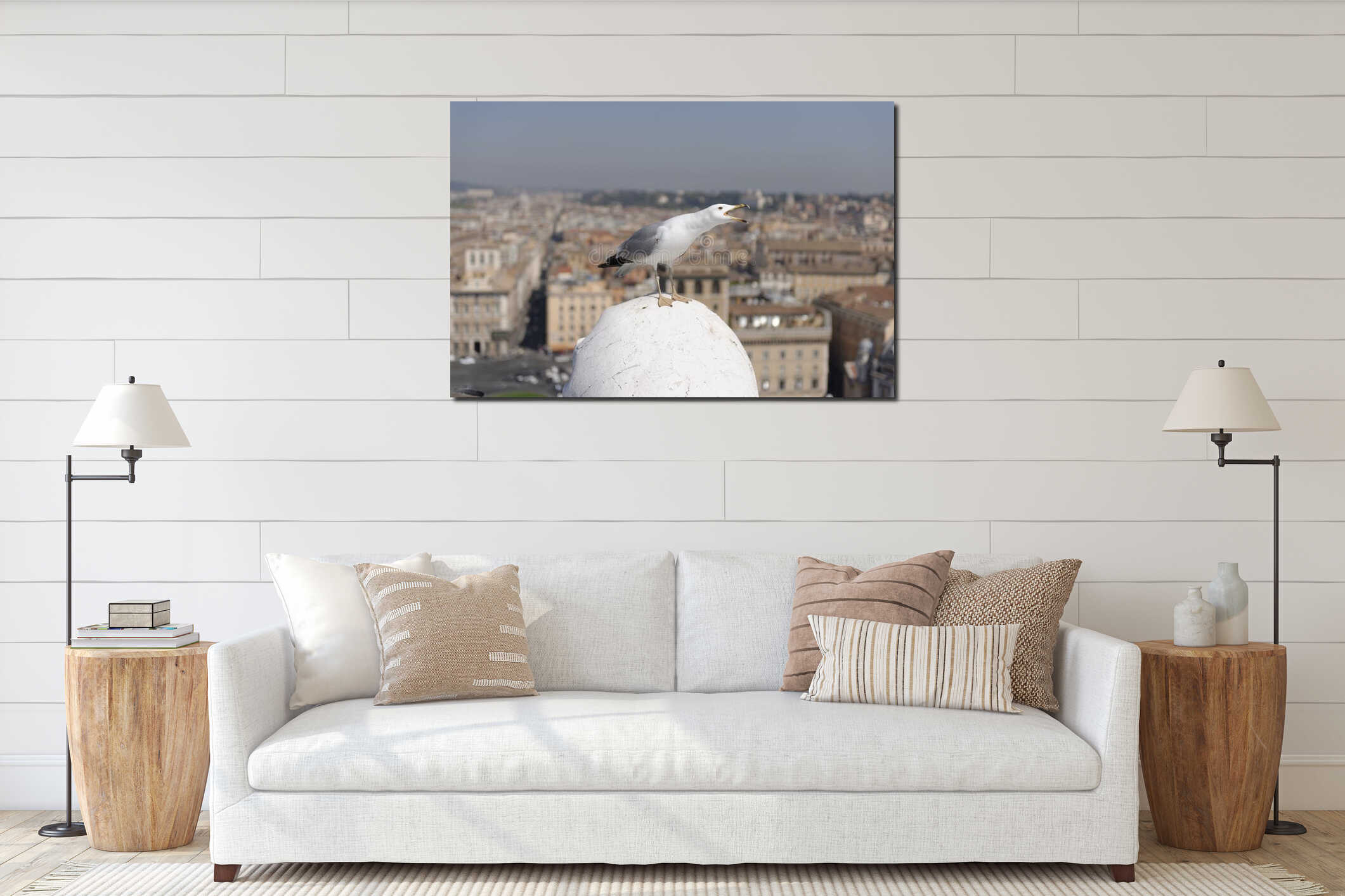 Seagull on rooftop, Rome, Italy interior mockup