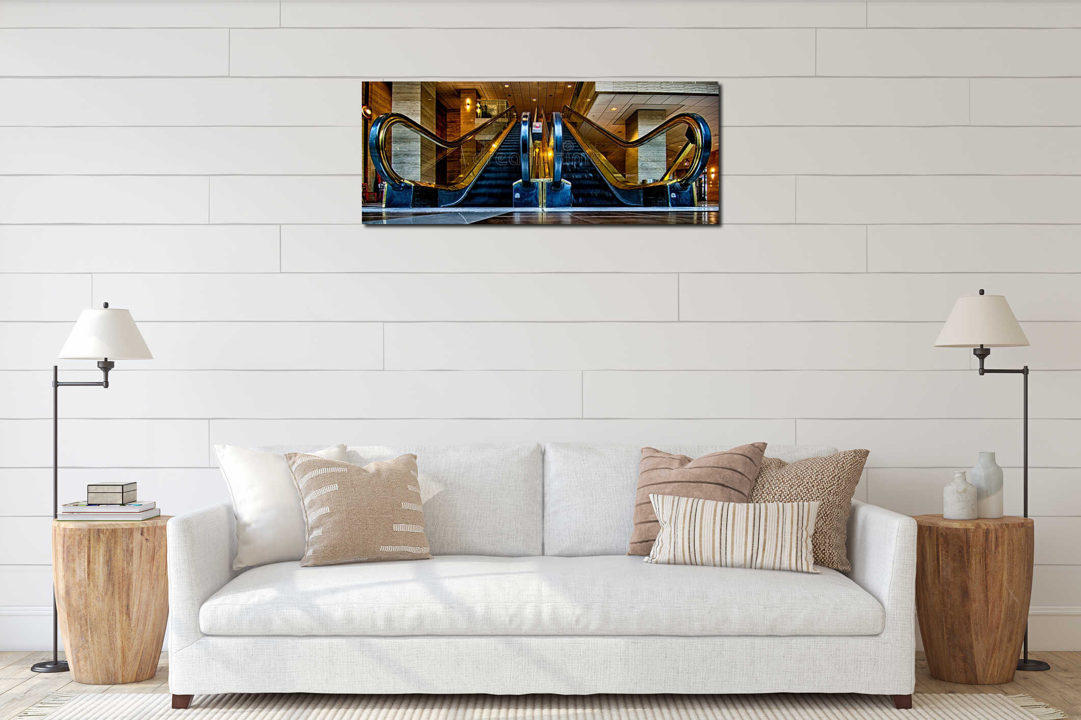 Wide panoramic angle of escalator flow low point interior mockup