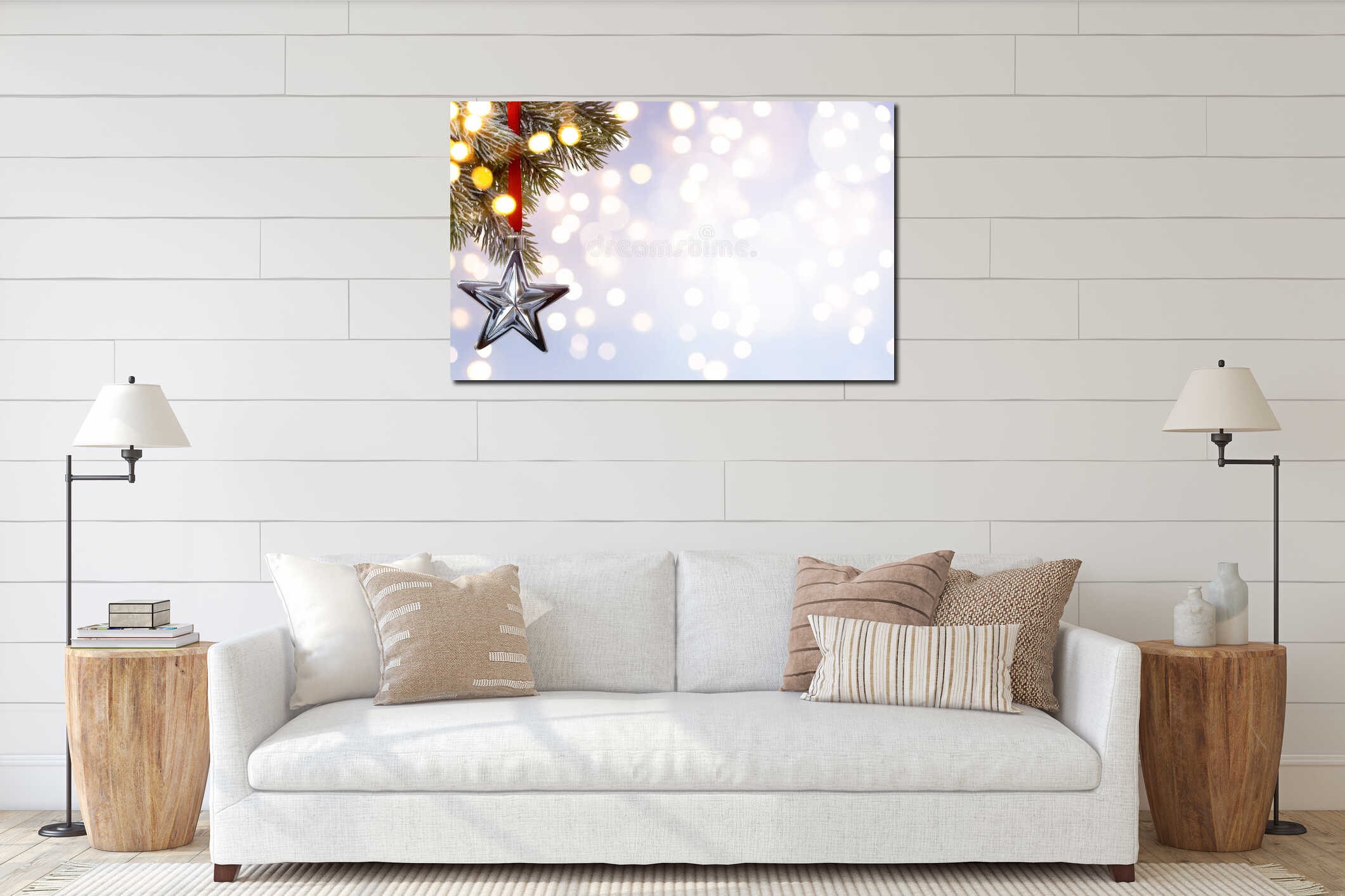 Art Christmas holiday background; tree light interior mockup