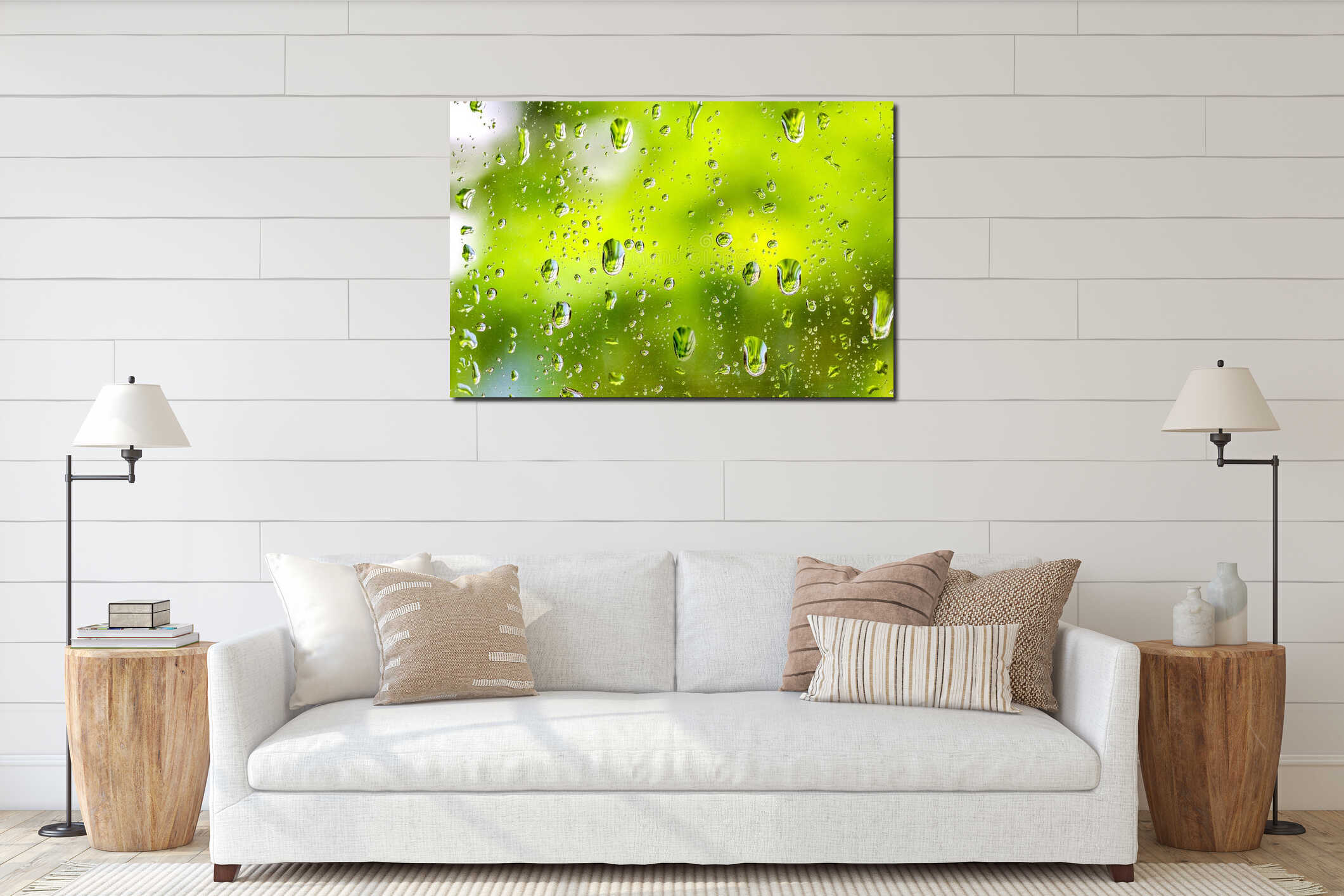 Raindrops on clear glass window after raining interior mockup
