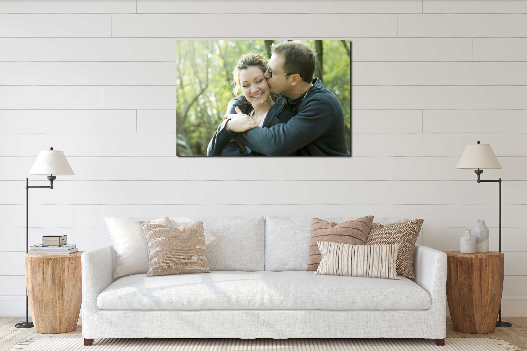 Happy middle aged couple outdoors on beautiful interior mockup