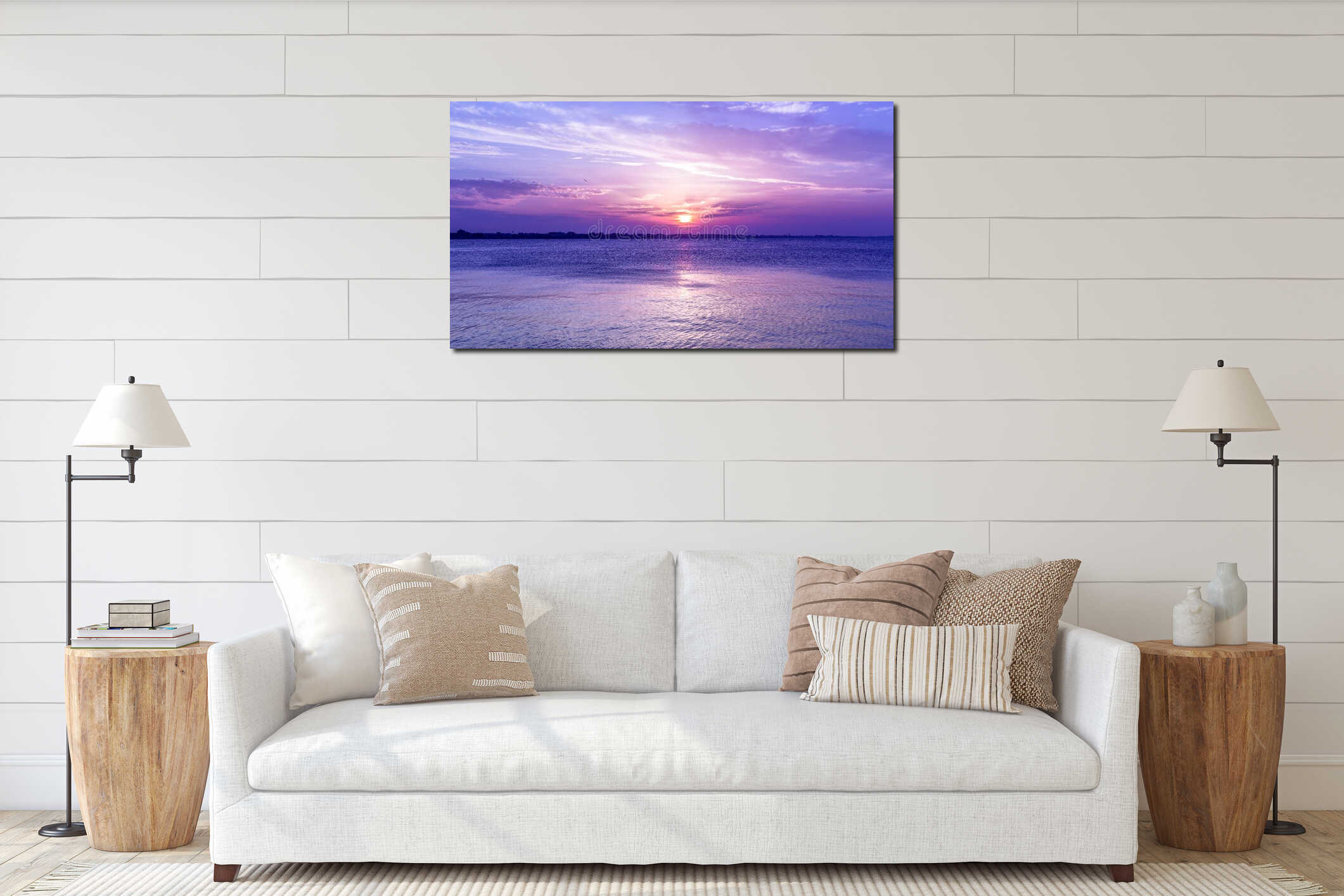 Amazing purple sky sunset over sea . dusk on adriatic sea. interior mockup