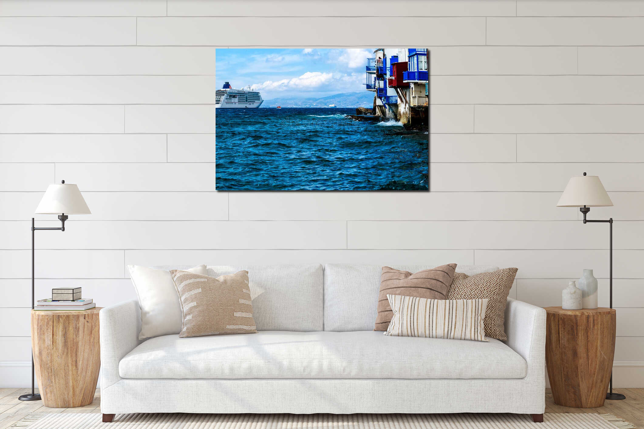 Little Venice - the most romantic spot on the Greek island Mykonos interior mockup