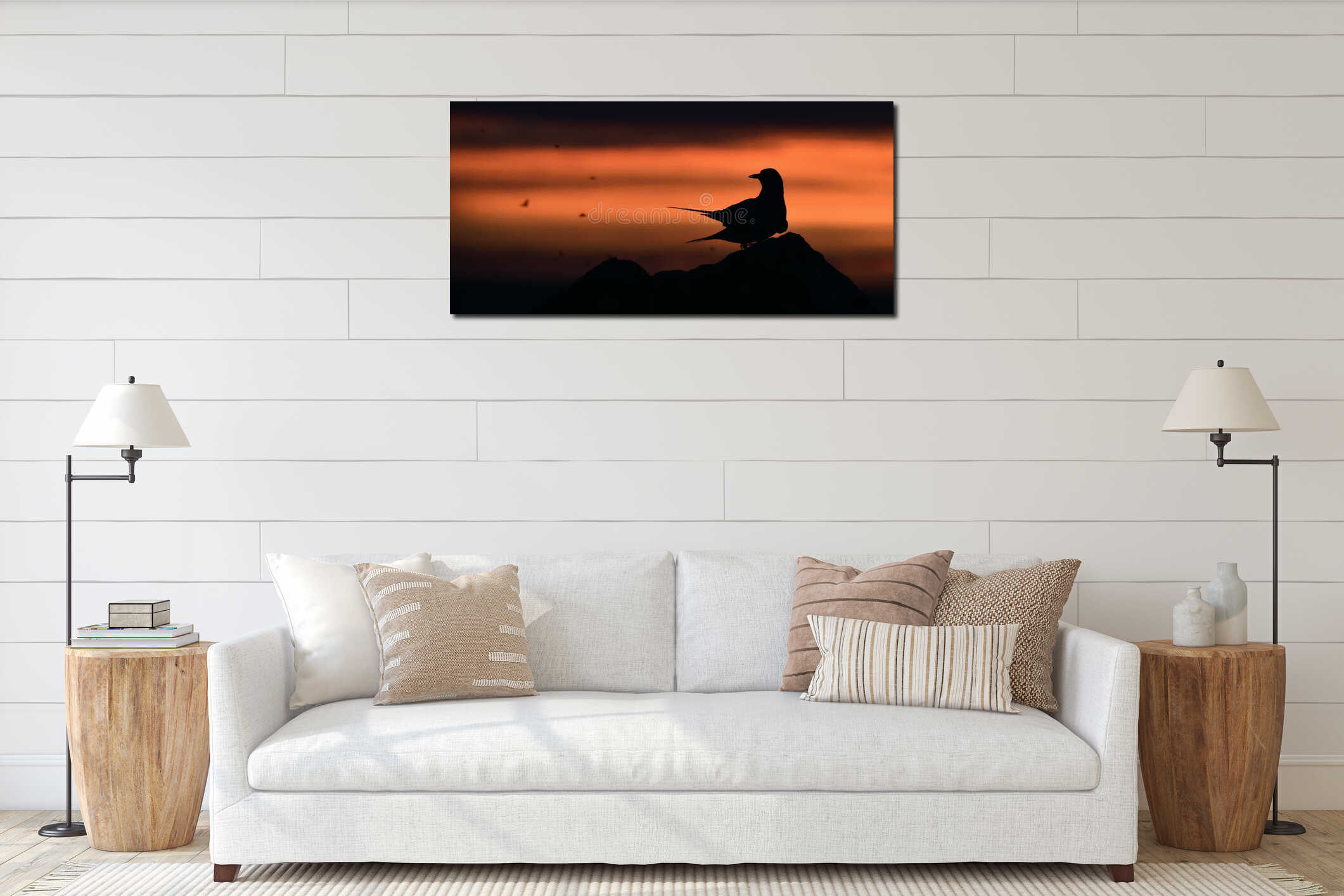 Silhouette of Common Terns on red sunset interior mockup