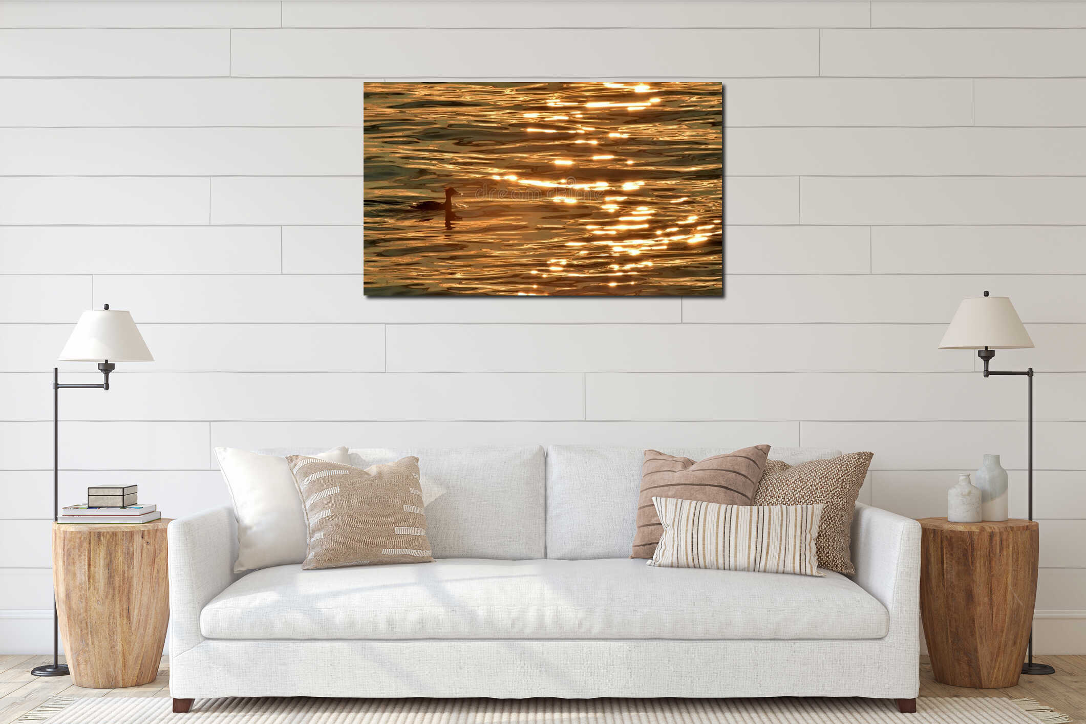 Merganser swimming in beautifully sunset reflected water interior mockup