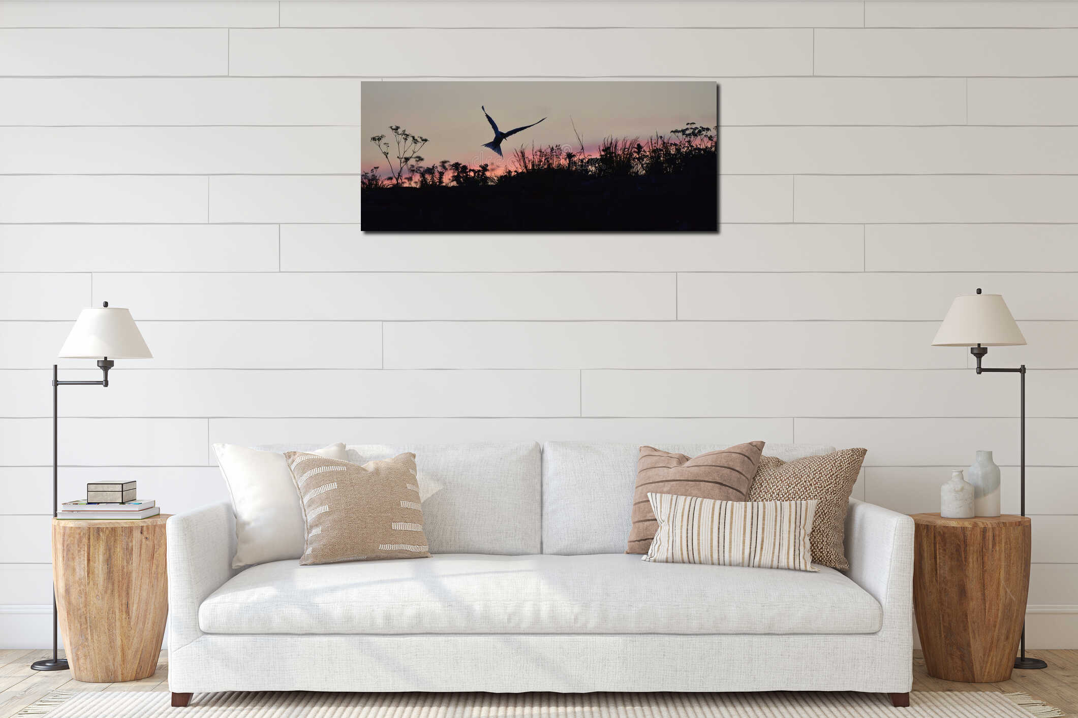 Silhouette of Common Terns on red sunset Sunset Sky. interior mockup