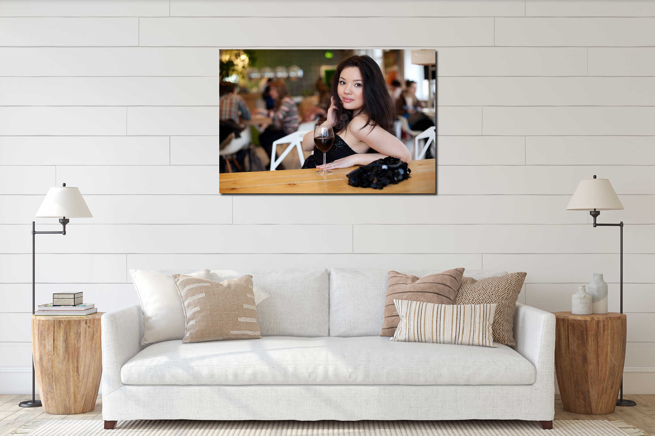Young beautiful trendy woman in bar. Beautiful Asian girl in a p interior mockup