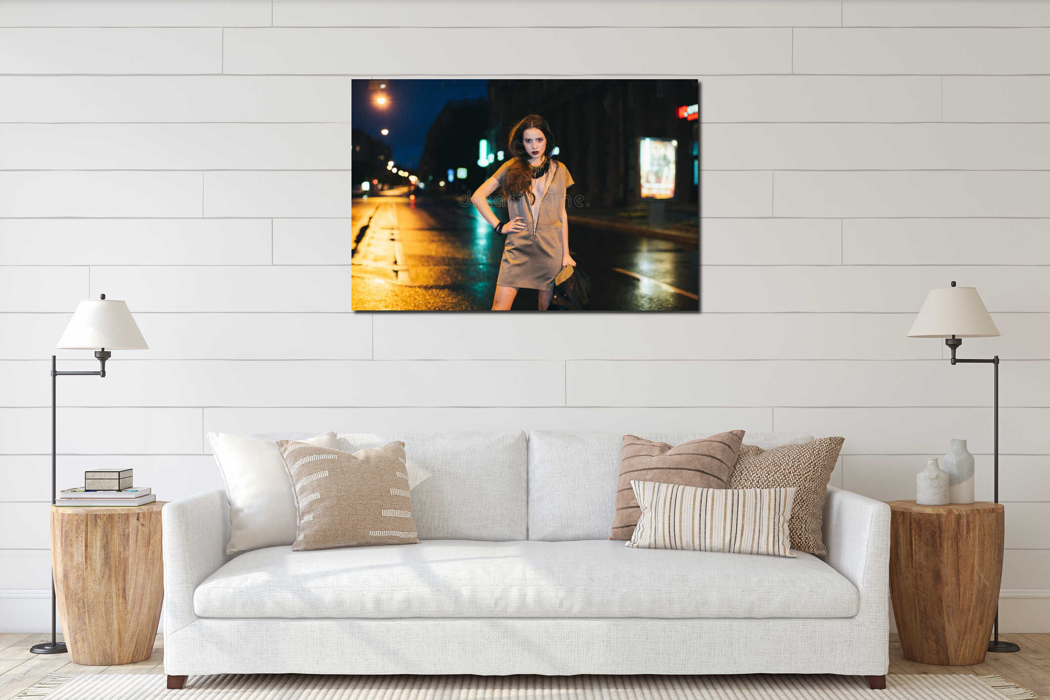 gorgeous brunette girl portrait in night city lights interior mockup