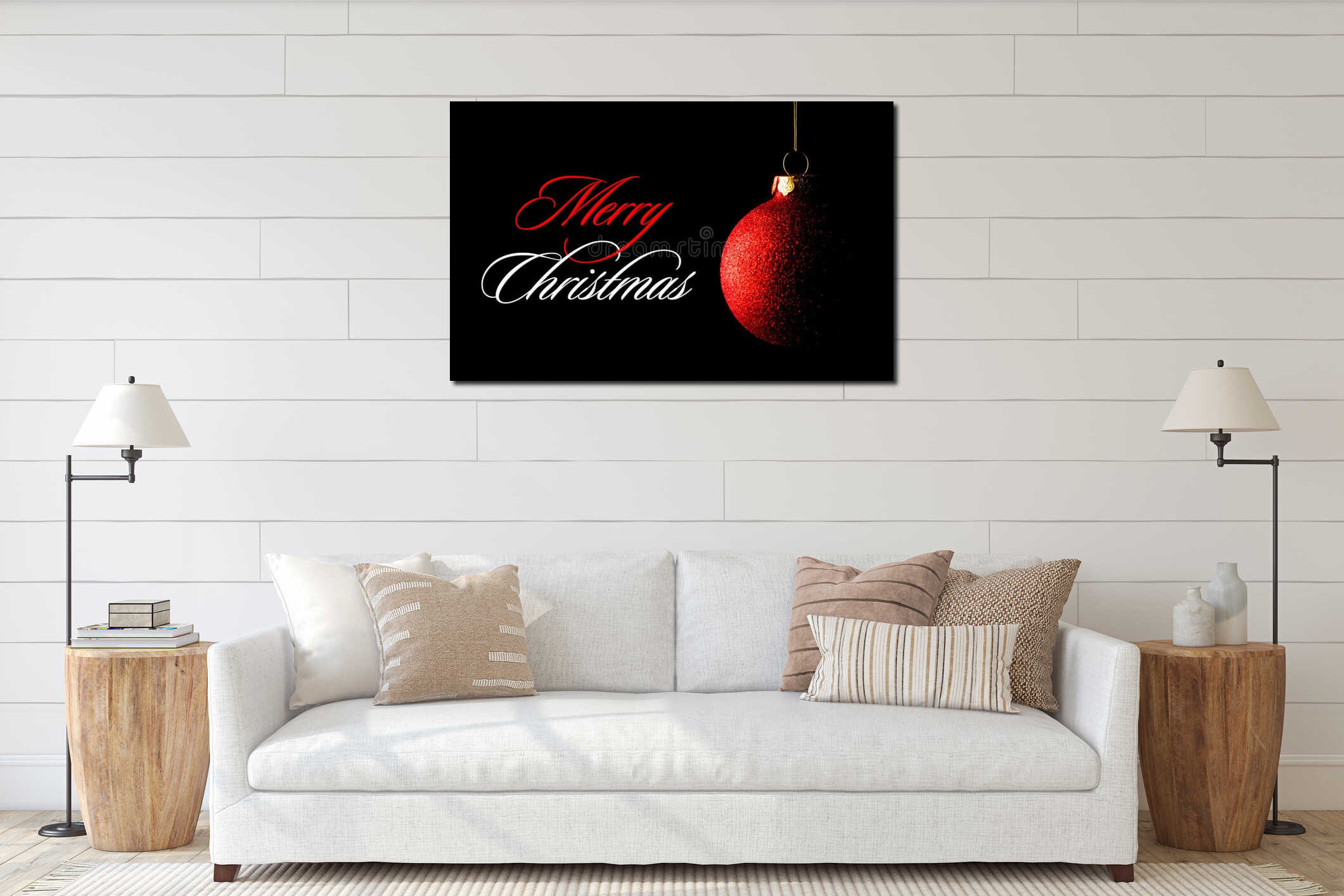 Red Christmas Ball on the Black Background. Greeting Card interior mockup