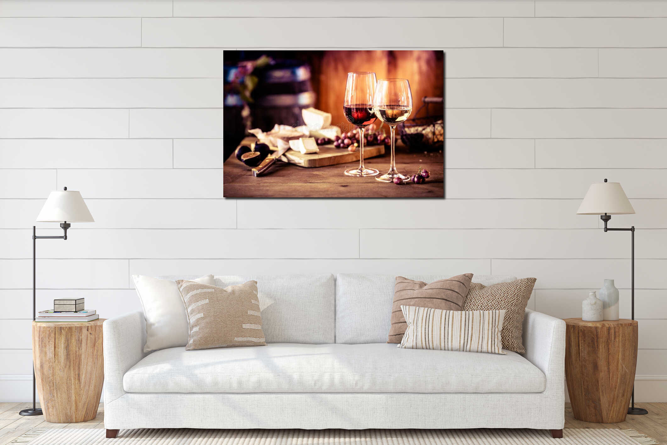 Cheese platter with wine in front of fire interior mockup