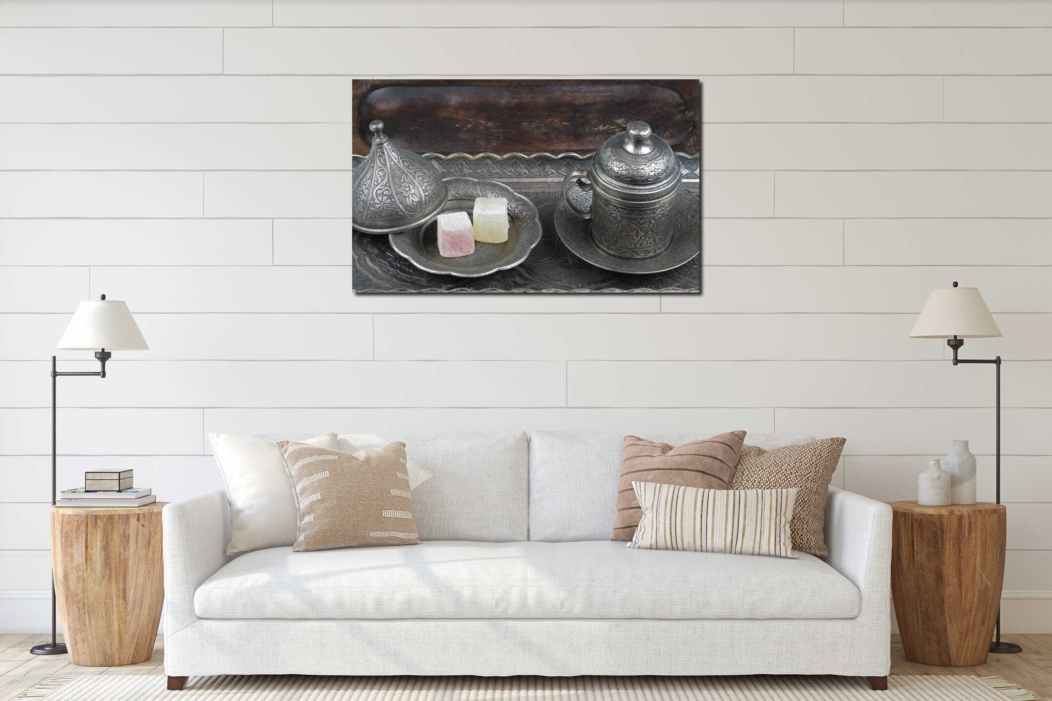 Turkish delight in traditional Ottoman style carved patterned metal plate and coffee cup interior mockup