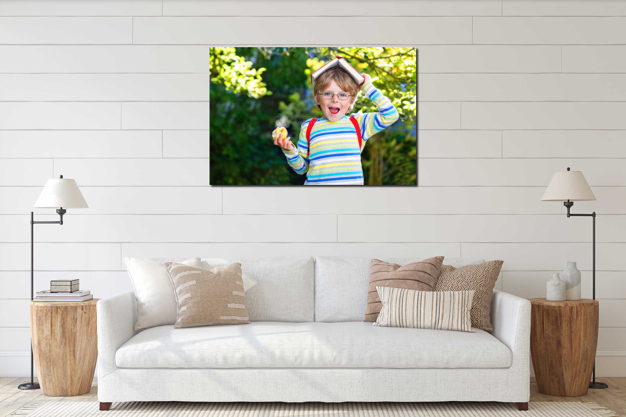 Little kid boy with apple on way to school interior mockup