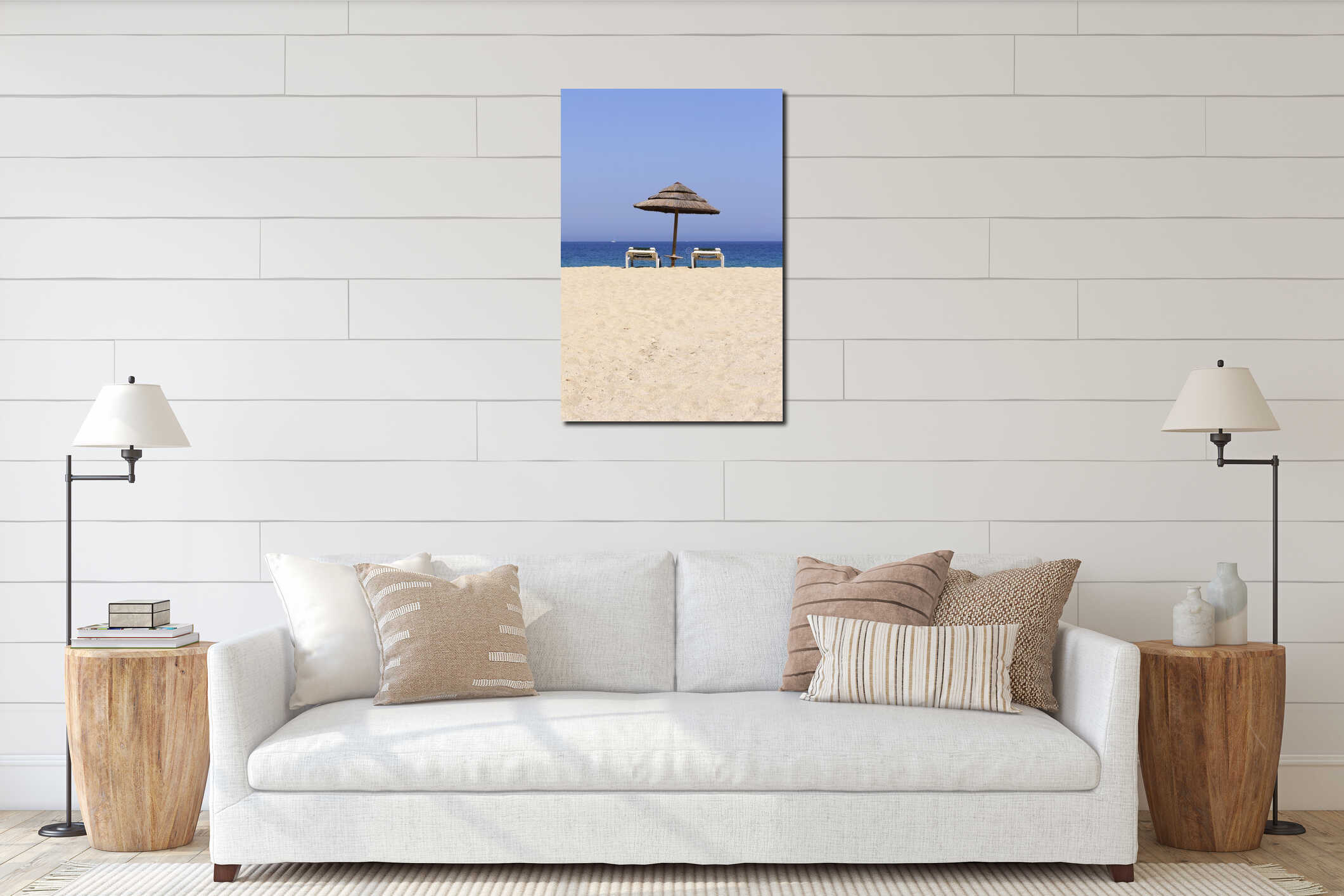 Sun lounger on empty sandy beach interior mockup