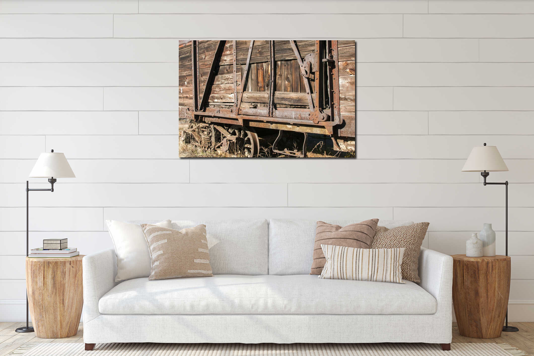 Old retro wooden wagon closeup interior mockup