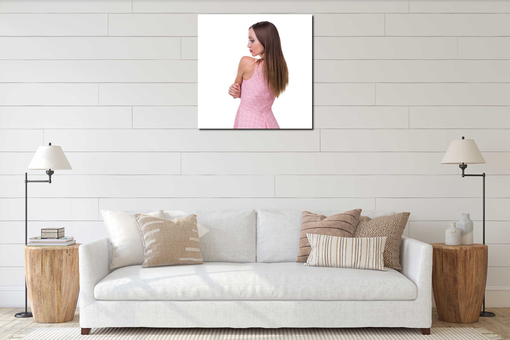 Profile side portrait of beautiful young woman interior mockup