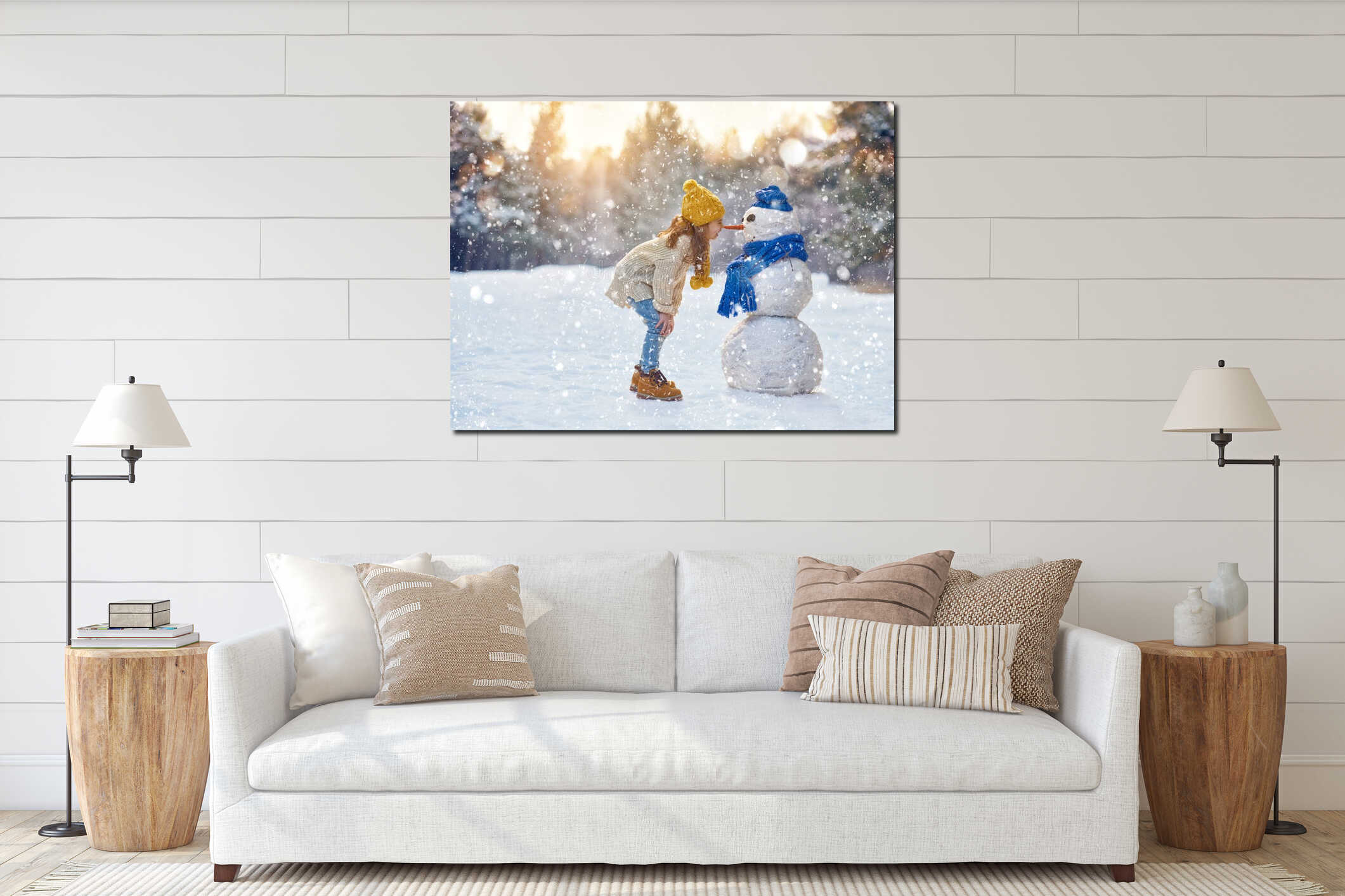 Girl playing with a snowman interior mockup