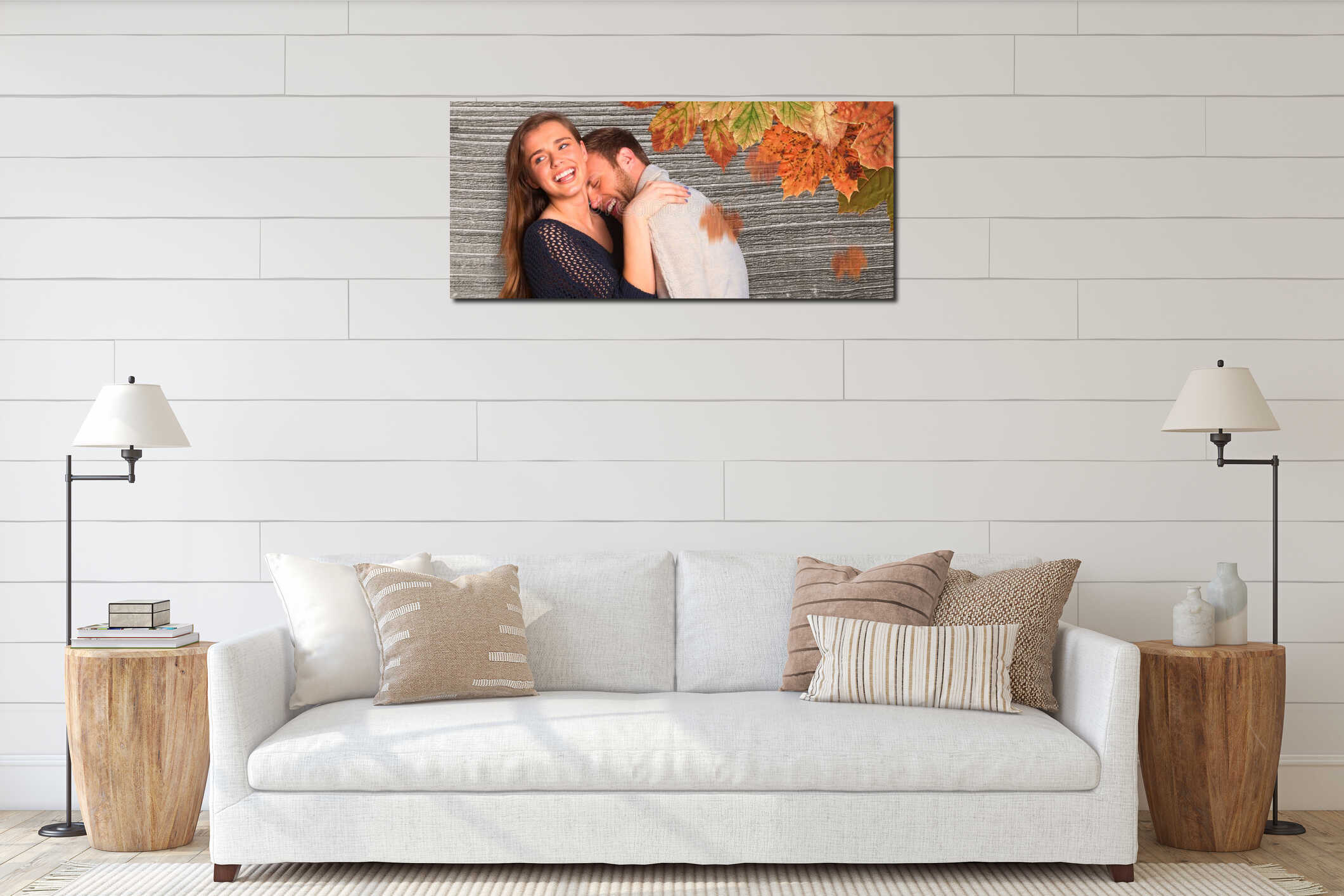 Composite image of close up of happy young couple interior mockup