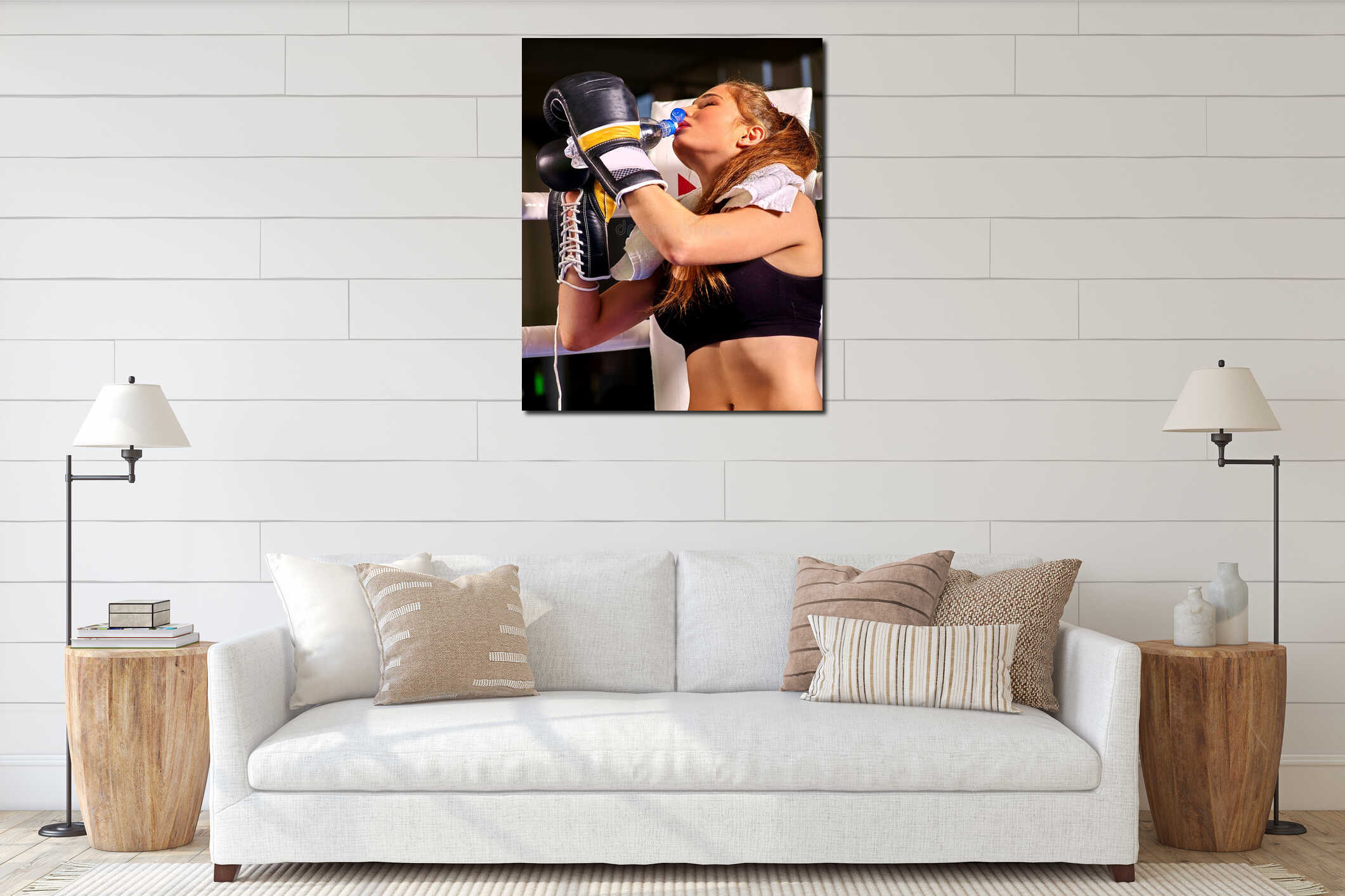 Girl drinking bottle water sitting in corner of interior mockup