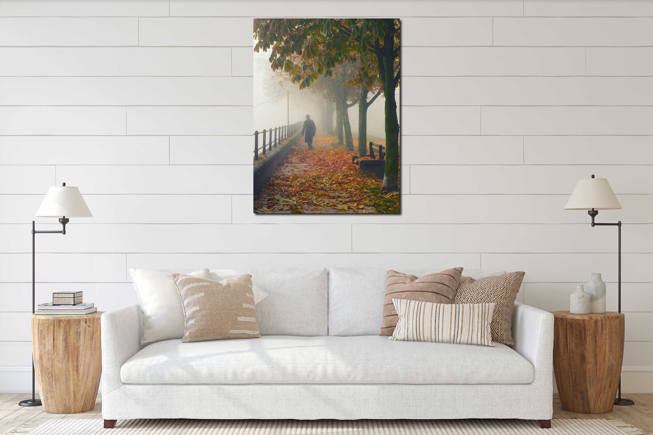 Woman in black walking down the alley on misty autumn day interior mockup