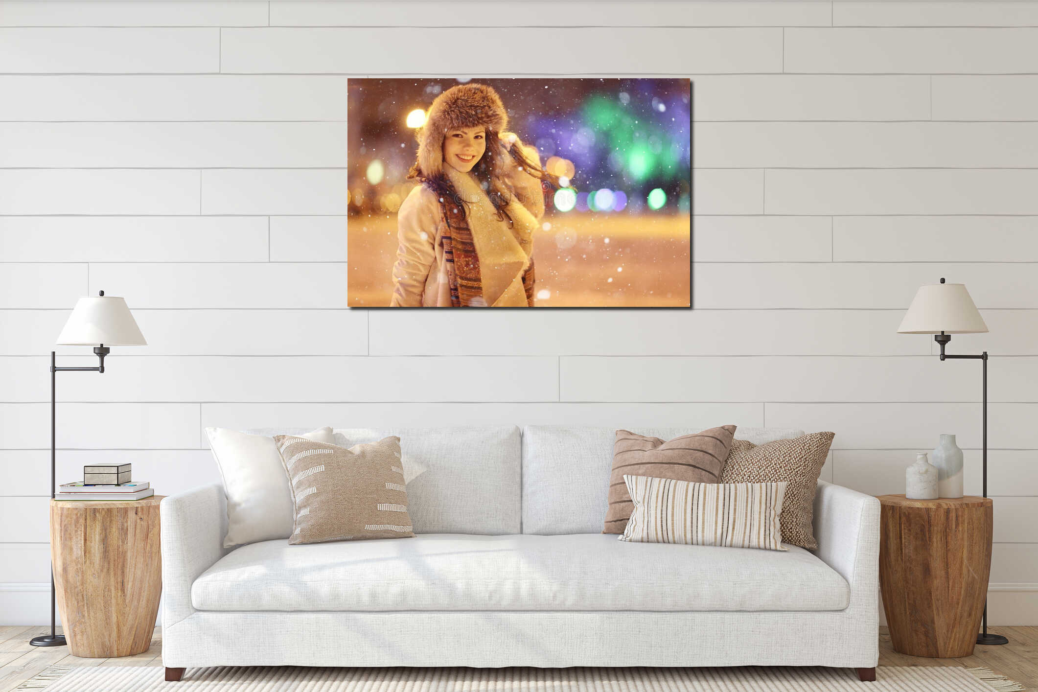 Night winter portrait of beautiful girl interior mockup