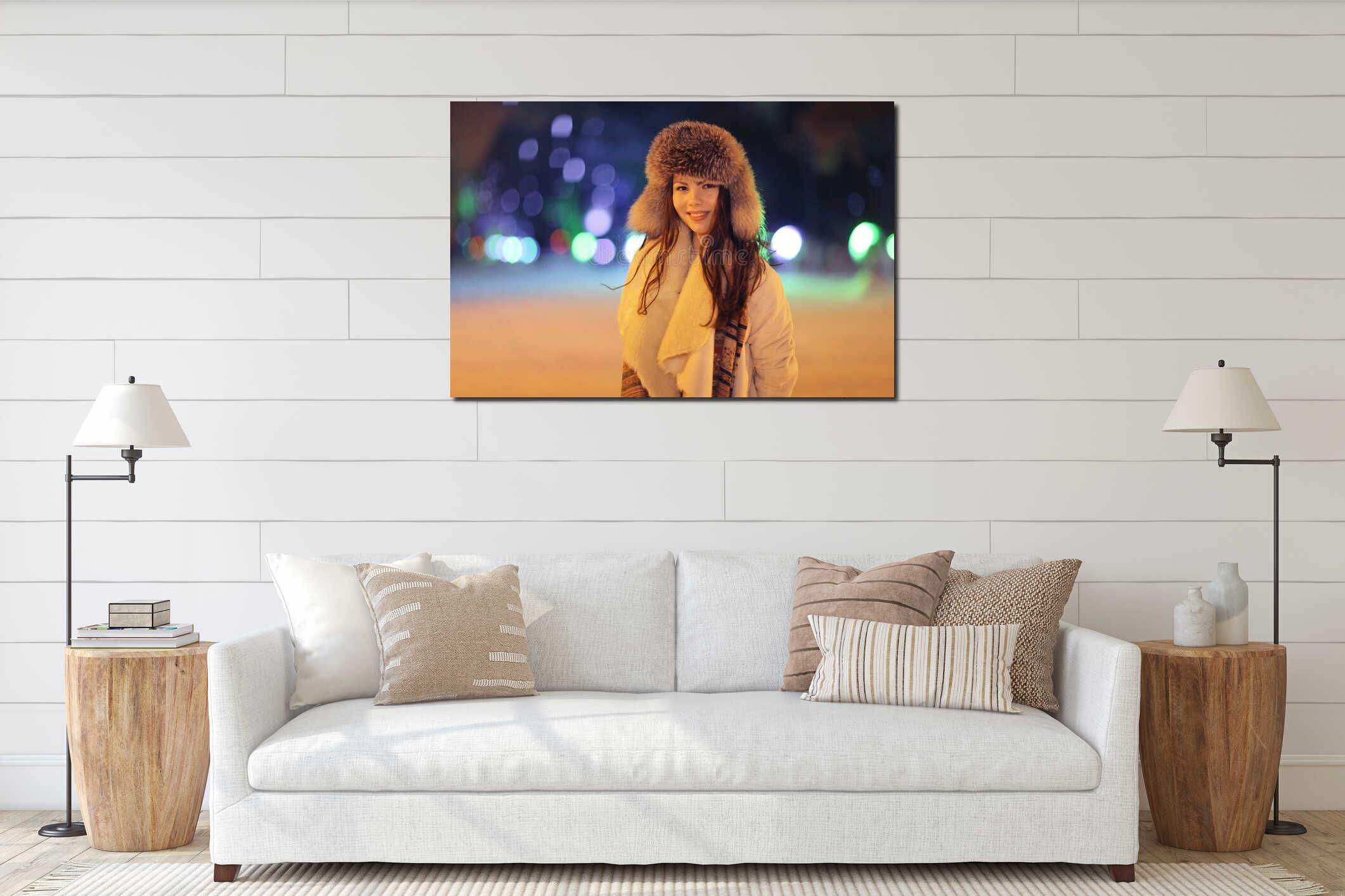 Night winter portrait of beautiful girl interior mockup