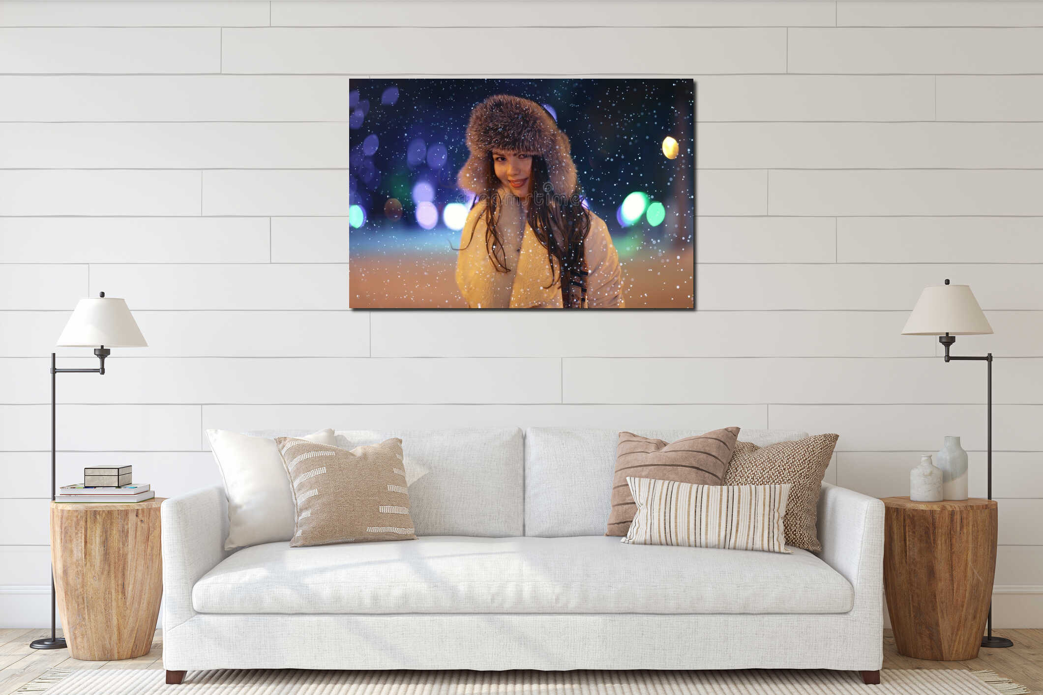 Night winter portrait of beautiful girl interior mockup