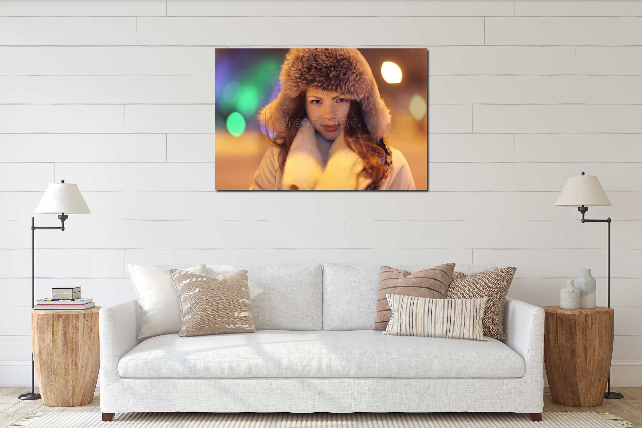 Night winter portrait of beautiful girl interior mockup