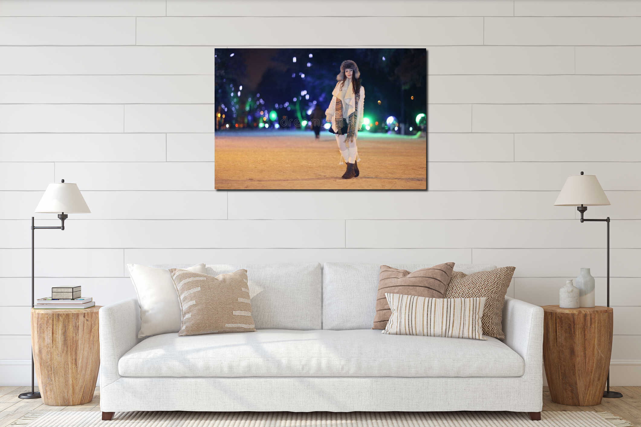 Night winter portrait of beautiful girl interior mockup