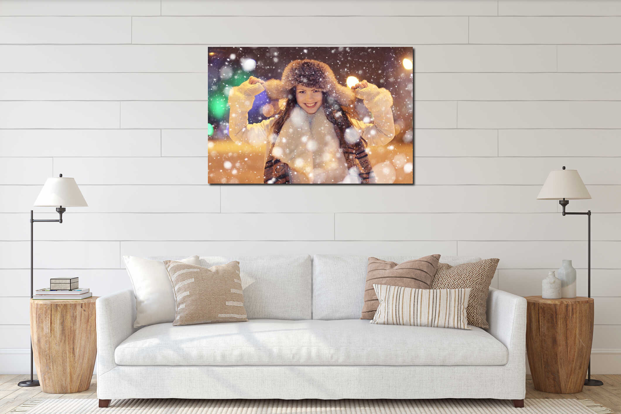 Night winter portrait of beautiful girl interior mockup