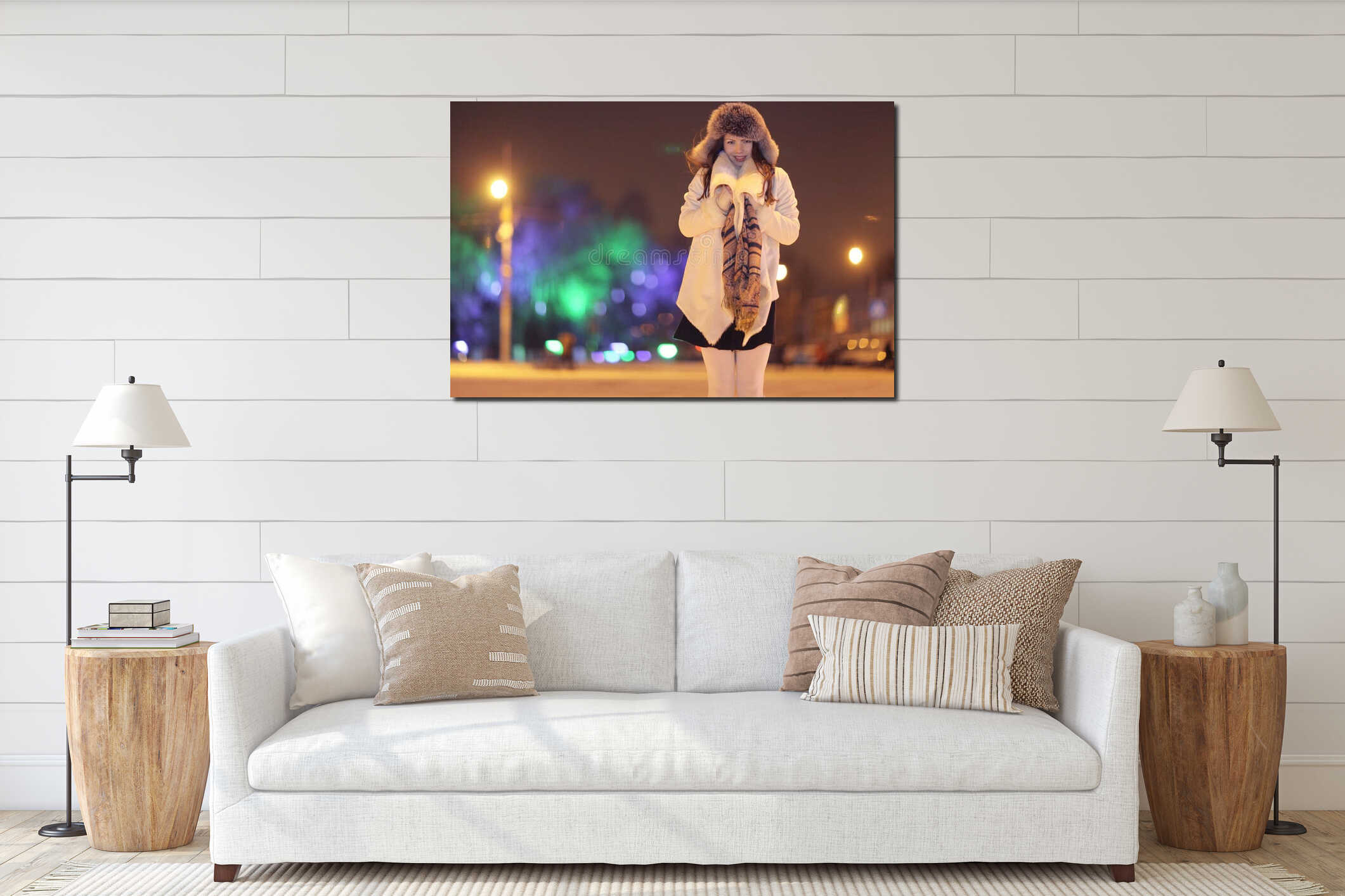Night winter portrait of beautiful girl interior mockup