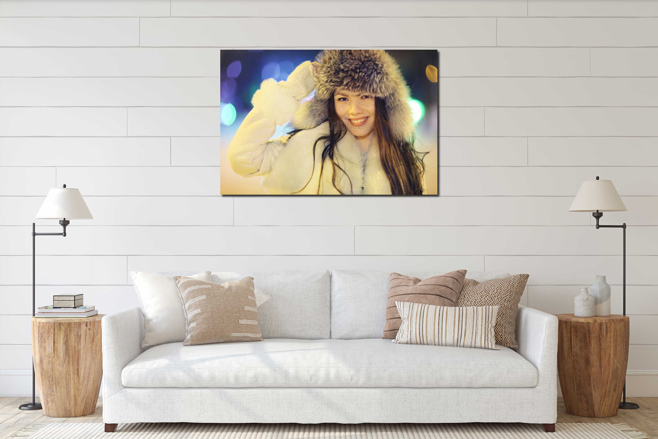 Night winter portrait of beautiful girl interior mockup