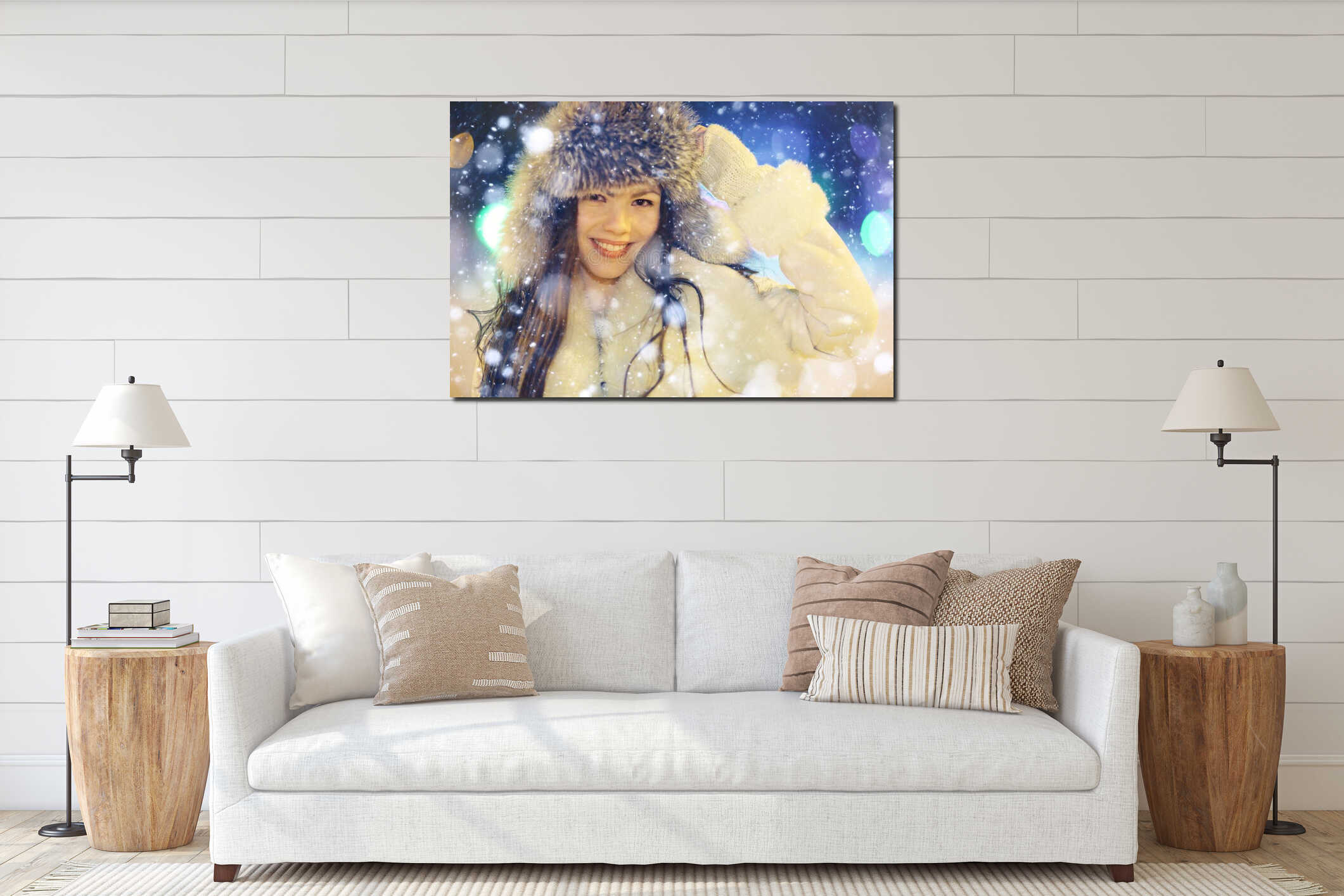Night winter portrait of beautiful girl interior mockup