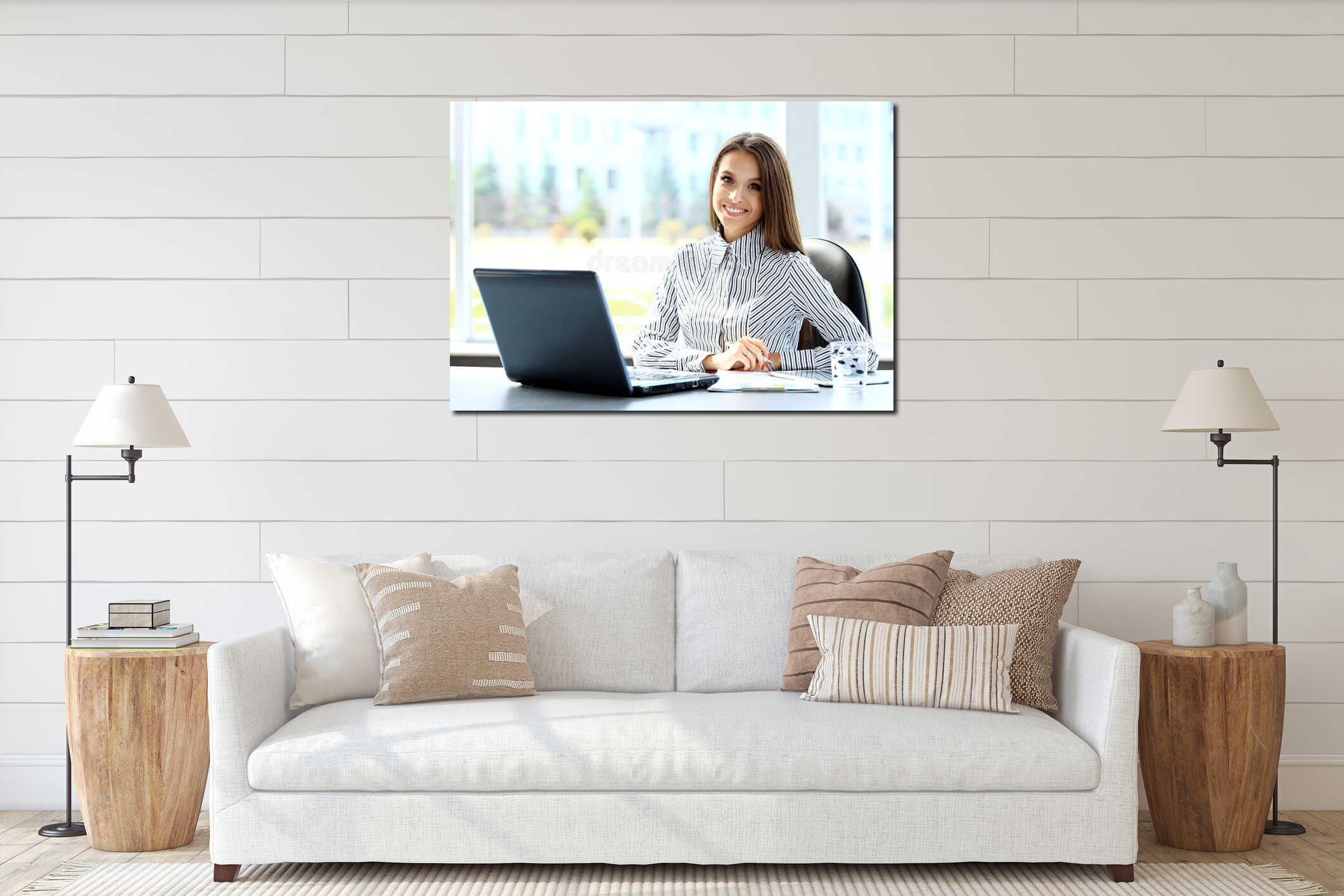 Business woman working on laptop computer interior mockup