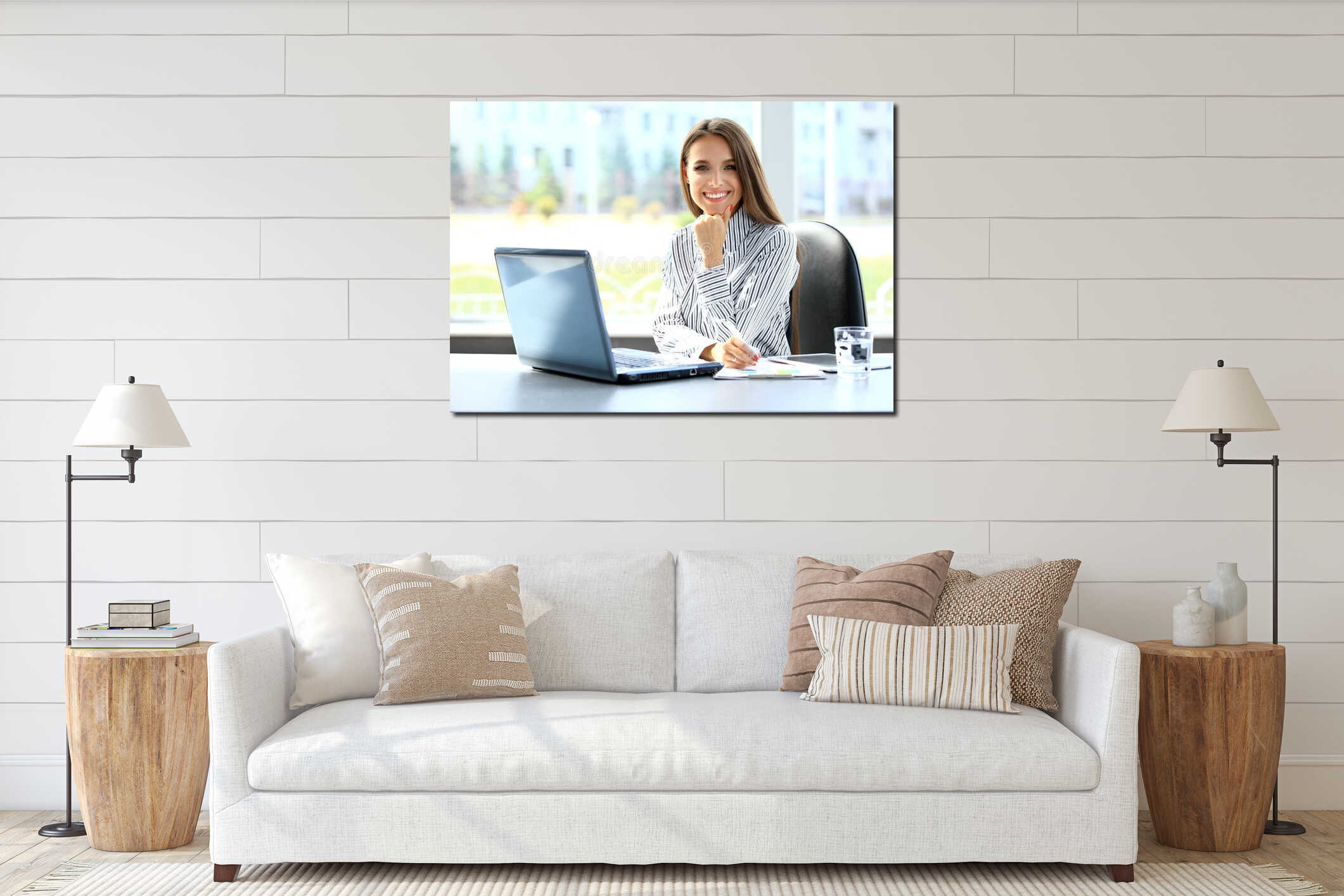 Business woman working on laptop computer interior mockup