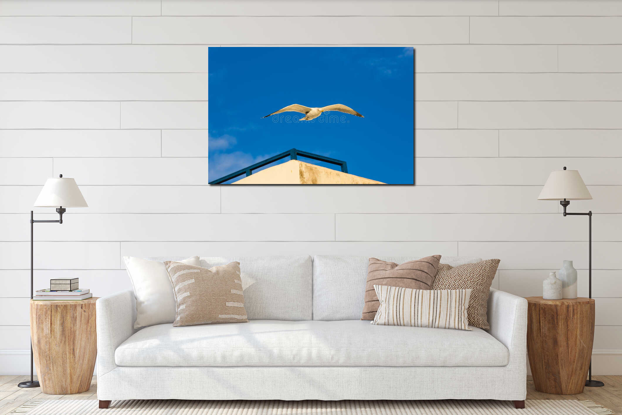 Seagull above the roofs of houses. interior mockup