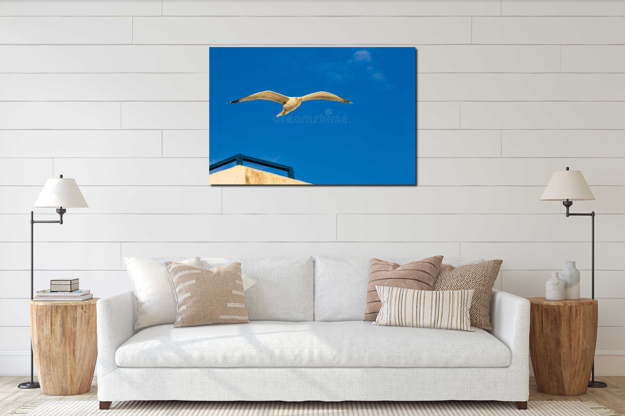 Seagull above the roofs of houses. interior mockup