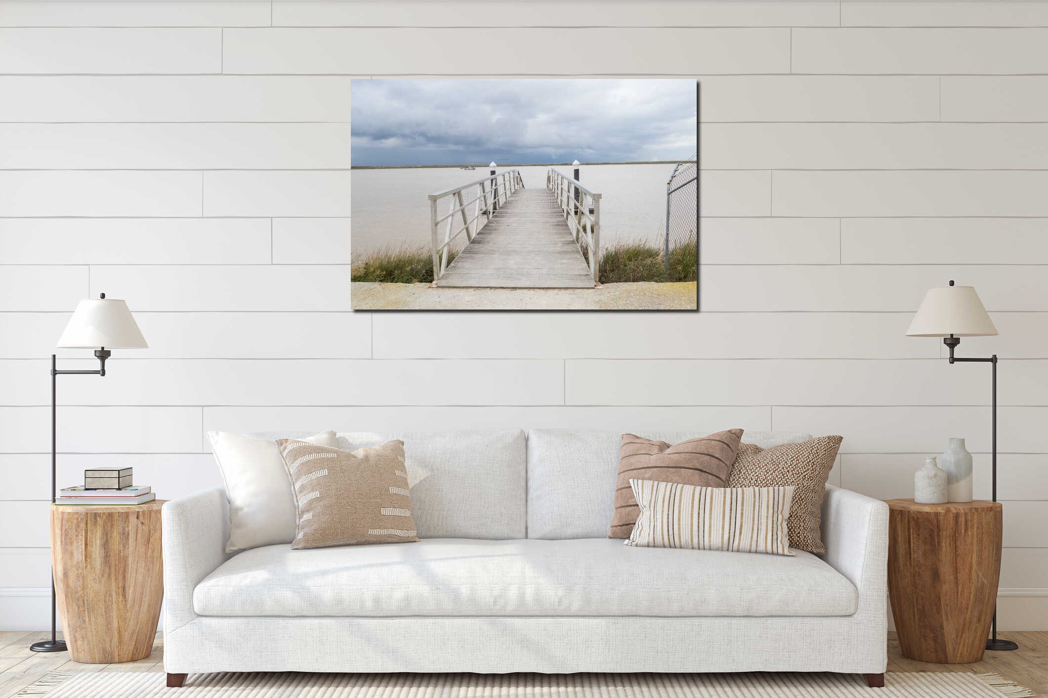 Wooden pier river on a cloudy day interior mockup
