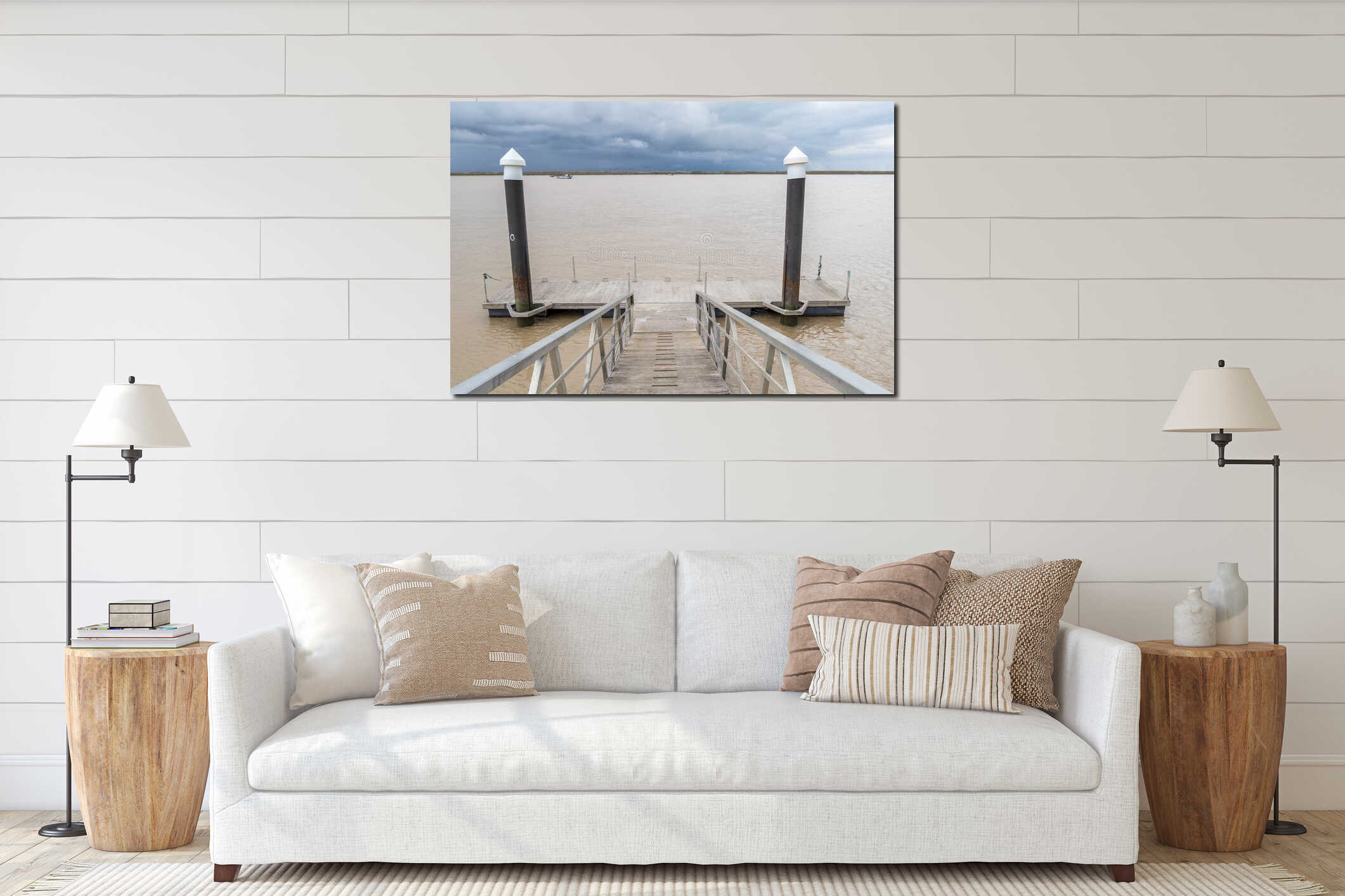 Wooden pier river on a cloudy day interior mockup
