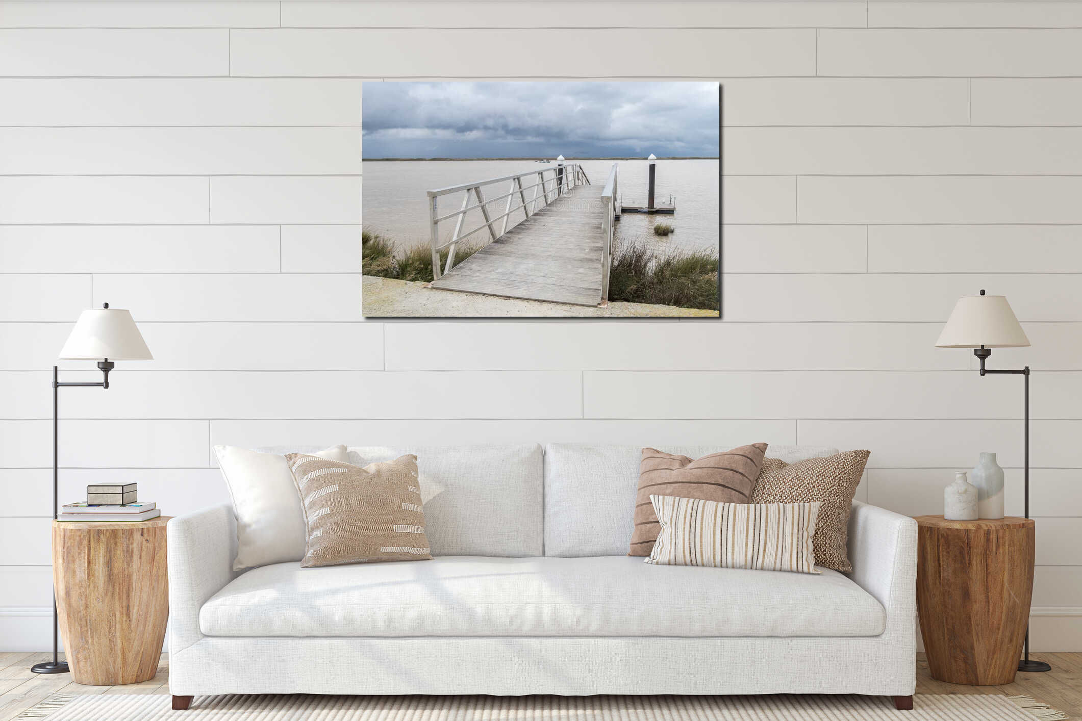 Wooden pier river on a cloudy day interior mockup