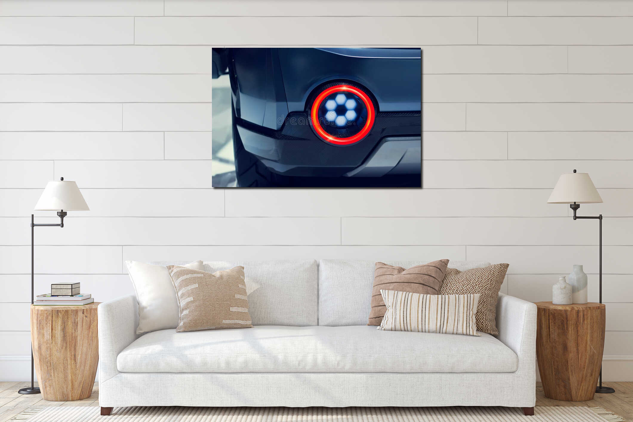 Close-up view of modern design sports car rear light. interior mockup