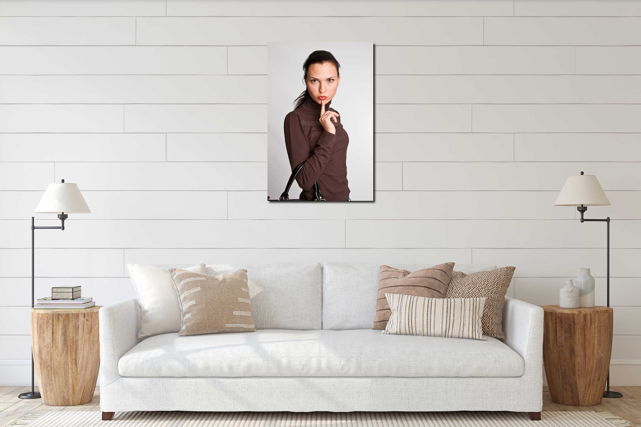 Portrait of the charming girl with dark hair on a interior mockup