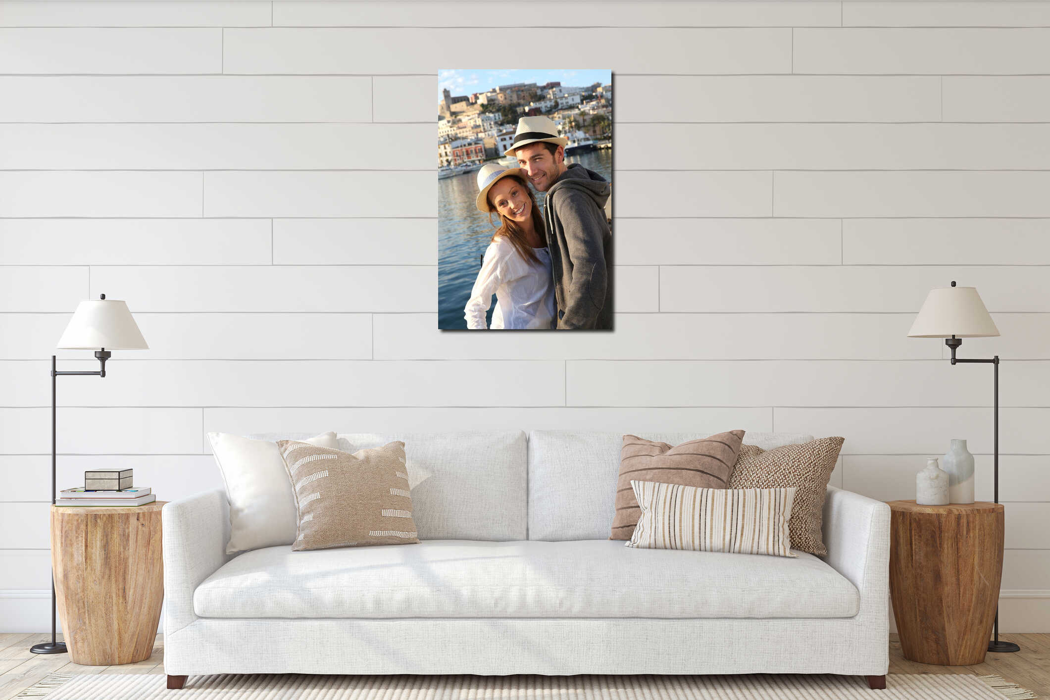 Portrait of young smiling couple of tourists interior mockup