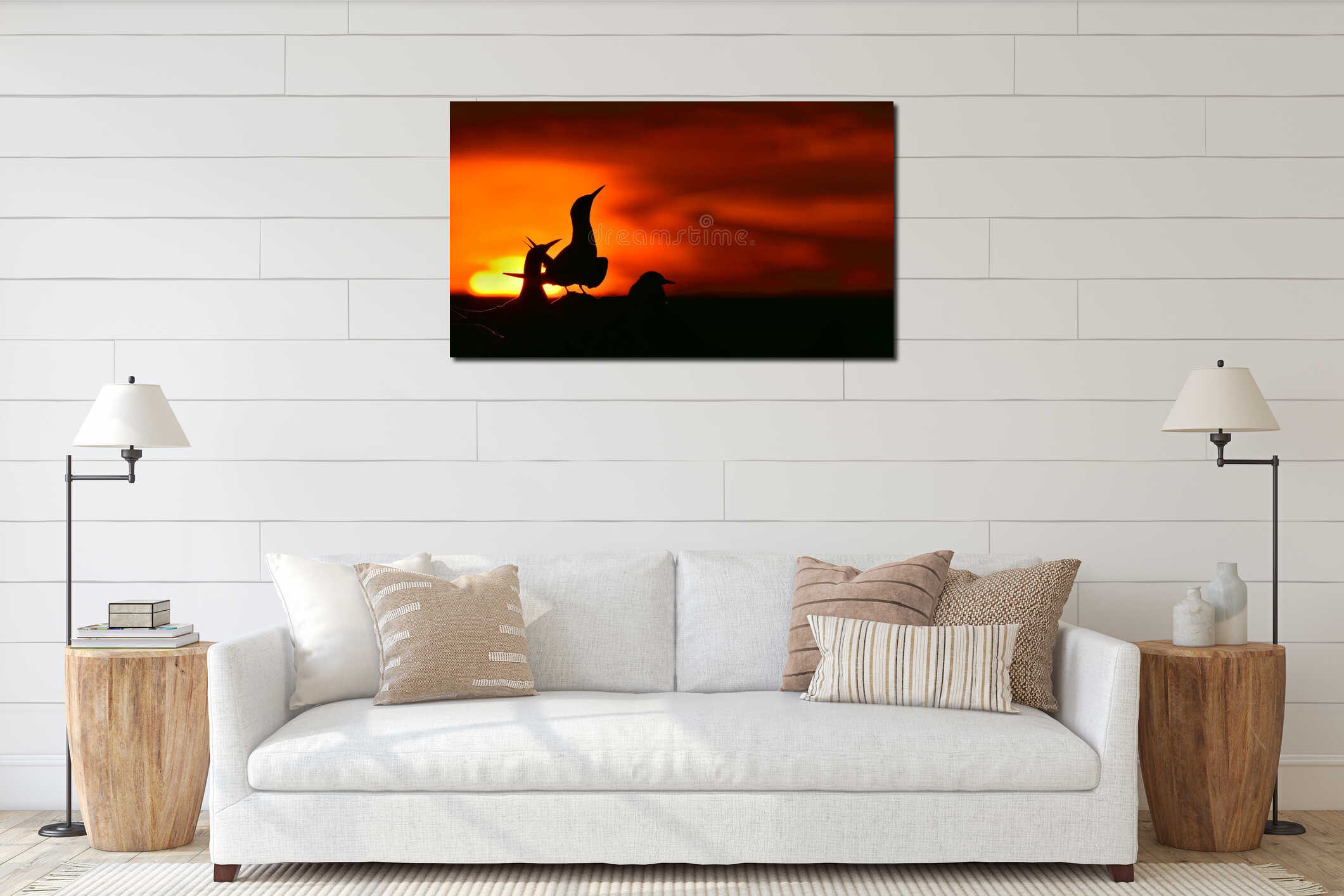 Silhouette of Common Terns (sterna hirundo) on red sunset background interior mockup