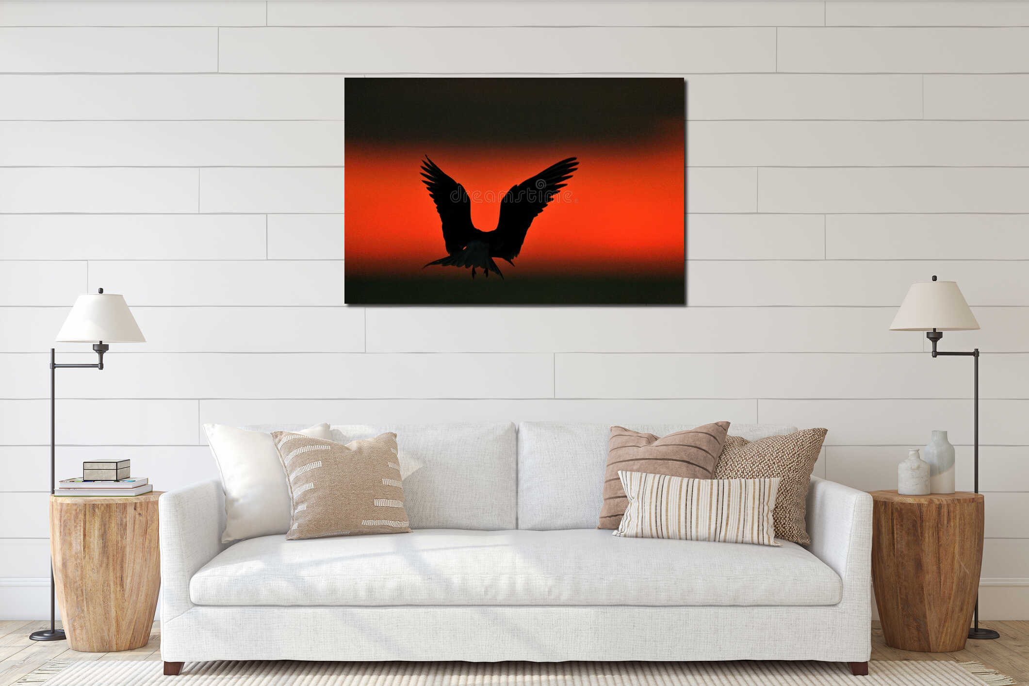 Silhouette of Common Terns (sterna hirundo) on red sunset background interior mockup