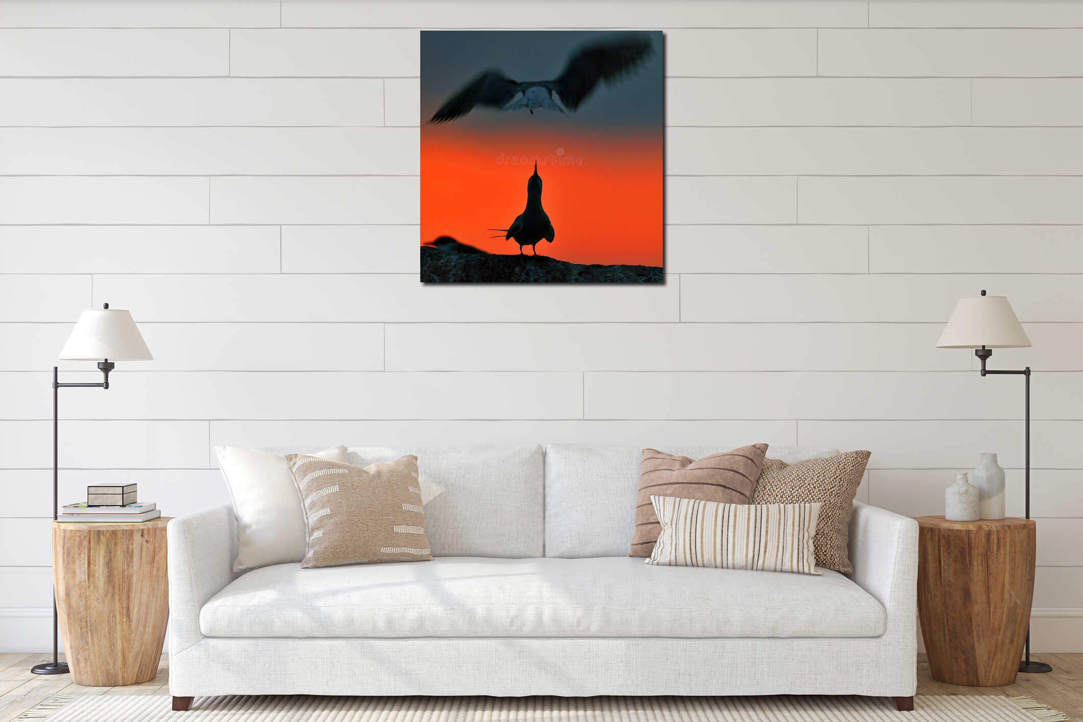 Silhouette of Common Terns (sterna hirundo) on red sunset background interior mockup