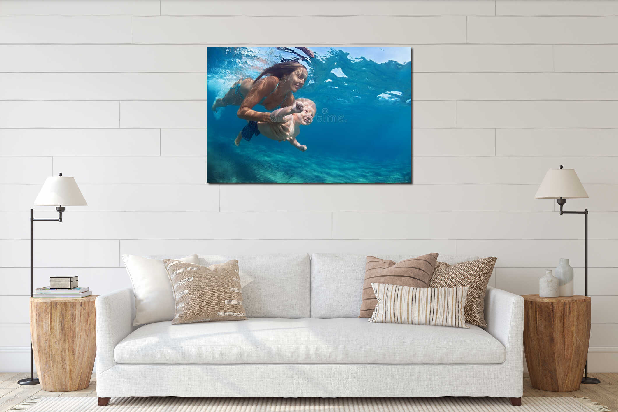 Mother with child swim underwater in blue beach pool interior mockup