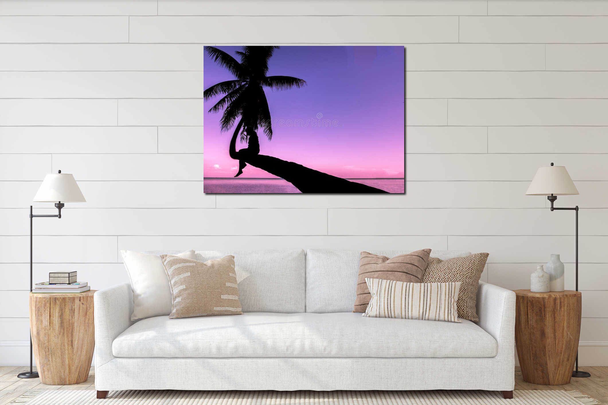 Lonely Concept, Soft Focus Color Filter Silhouette Single Thai Woman Sit Alone Waiting for Love on Curve Coconut Tree of The Beach interior mockup