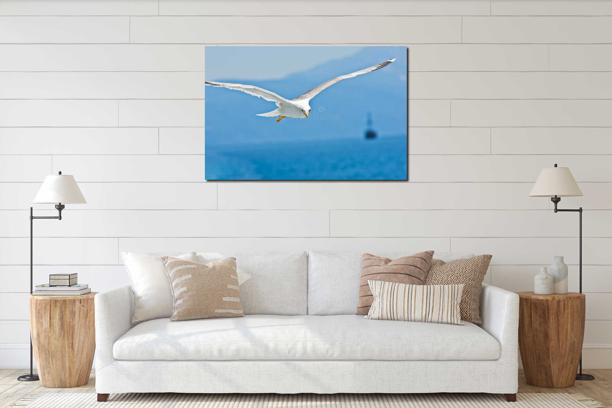 Closeup of a seagull flying over Aegean sea near mountain Athos interior mockup