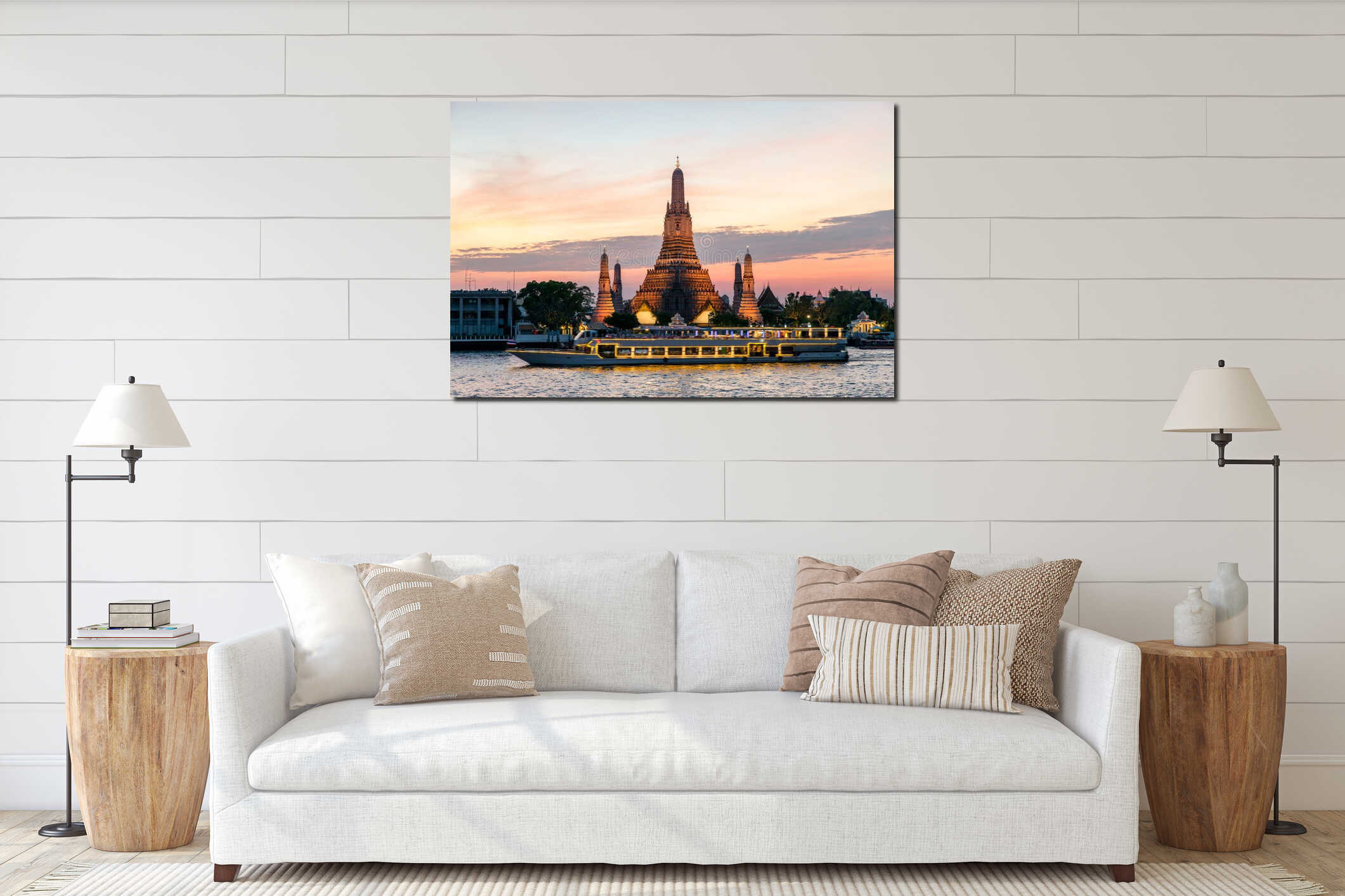 Wat Arun and cruise ship in night ,Bangkok city ,Thailand interior mockup